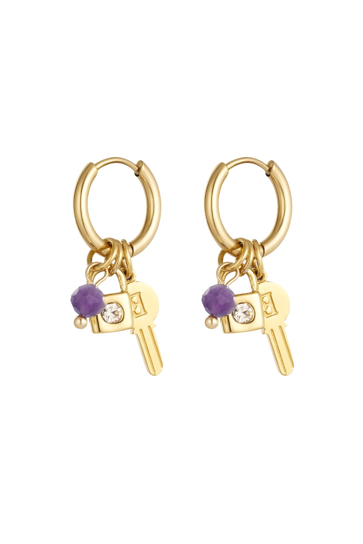 Key earrings with beads - gold/purple 