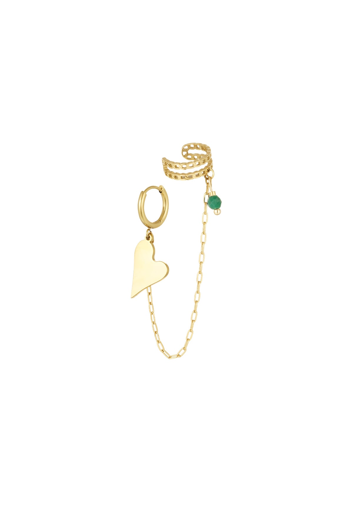 Earring & earcuf heart - gold/green 