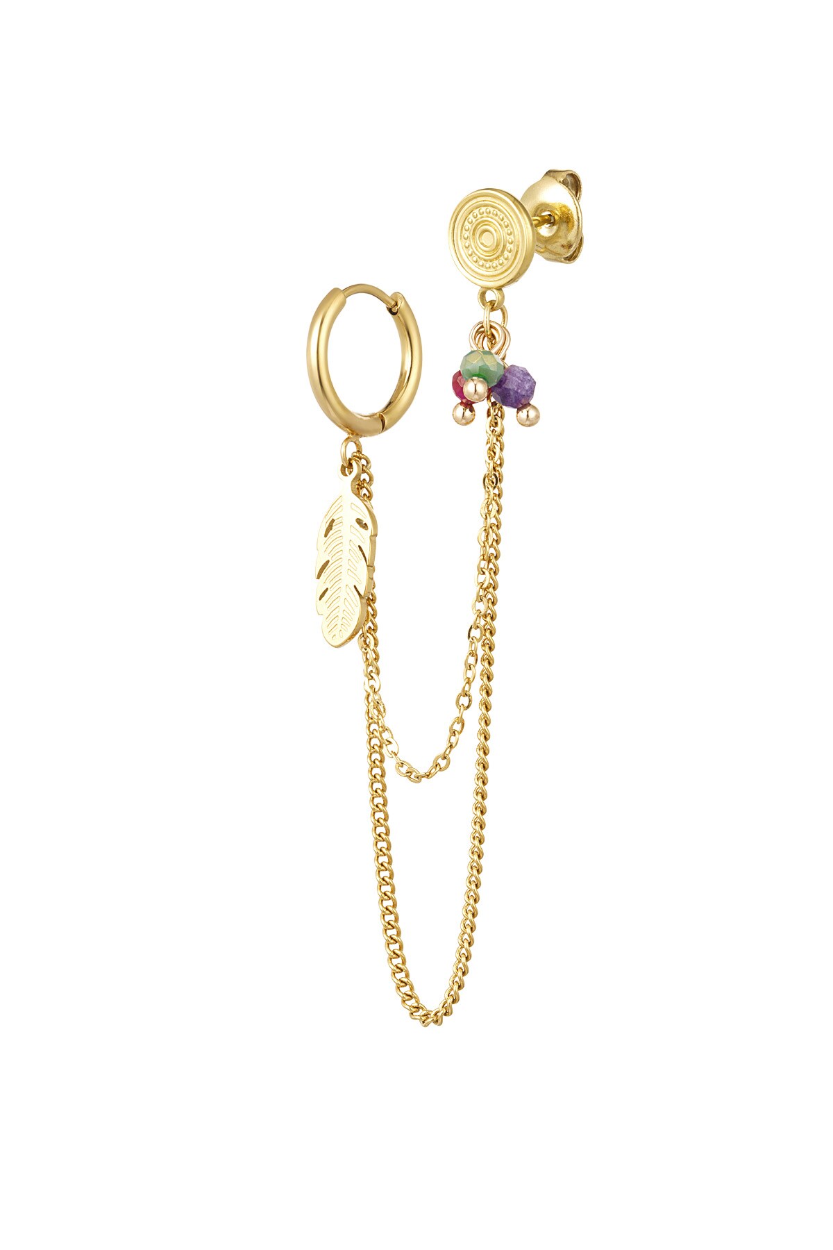 Earring with stud beads and feather - Gold color h5 