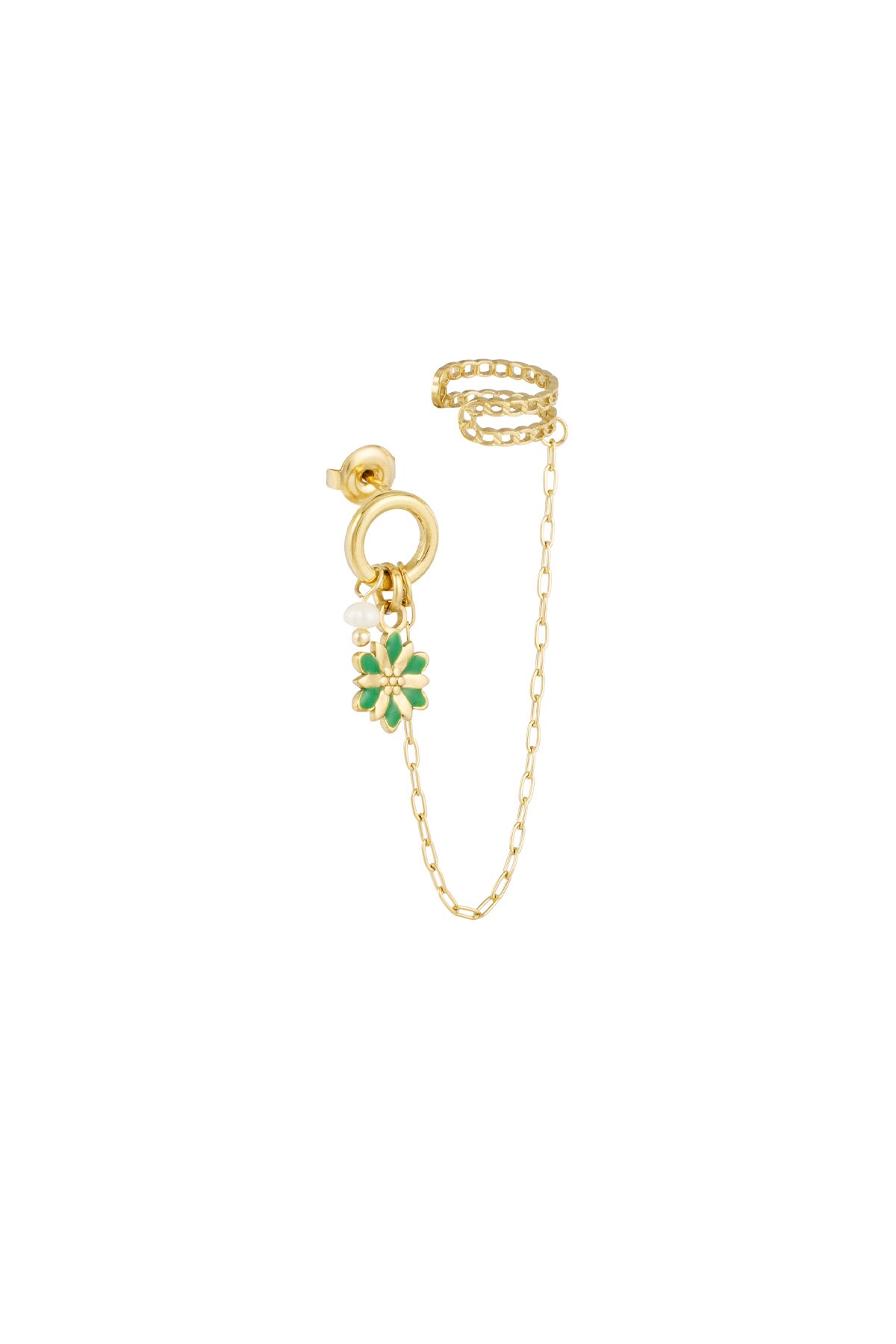 Earring with ear cuff flower - gold/green 