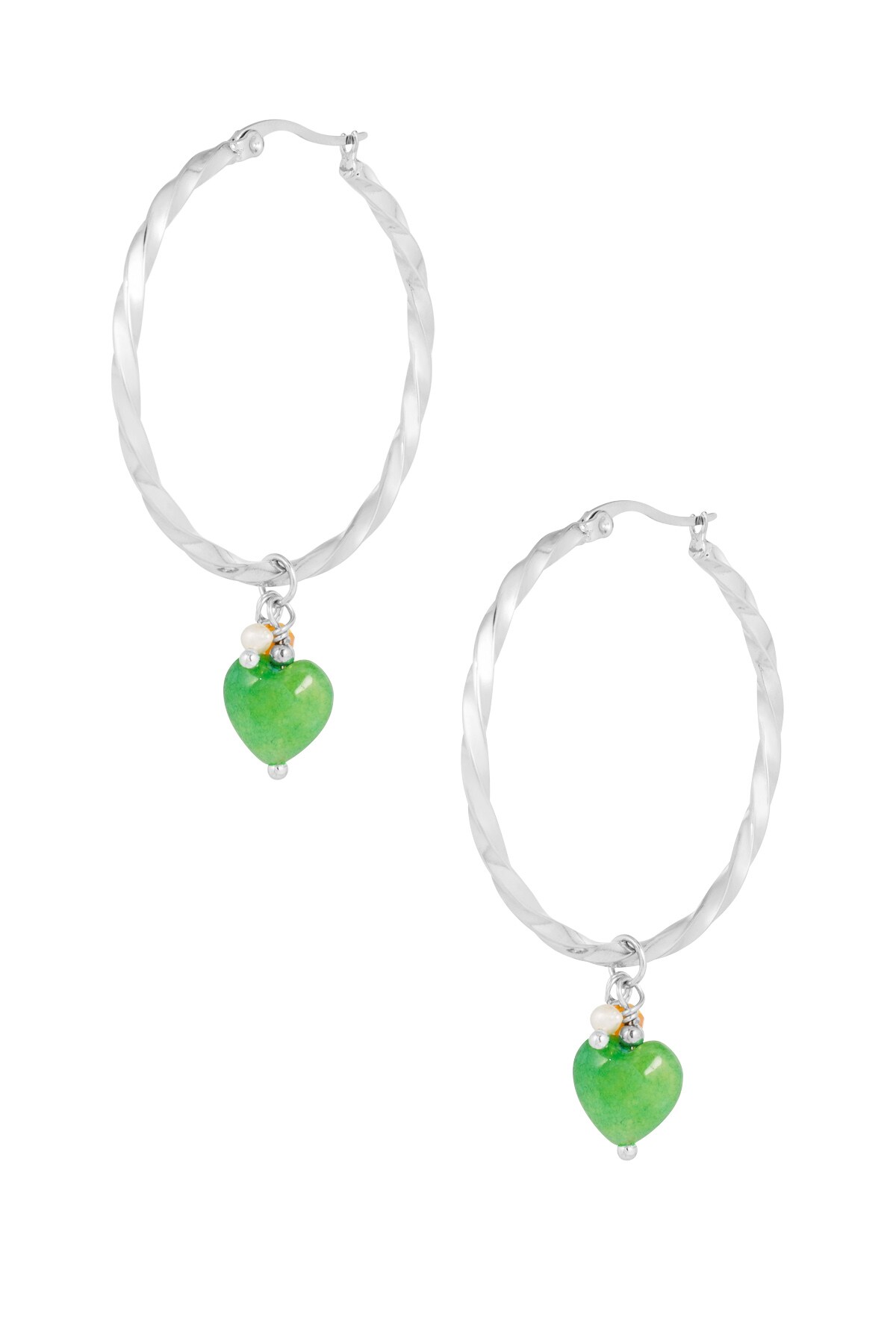 Twisted earrings with heart - silver/green 