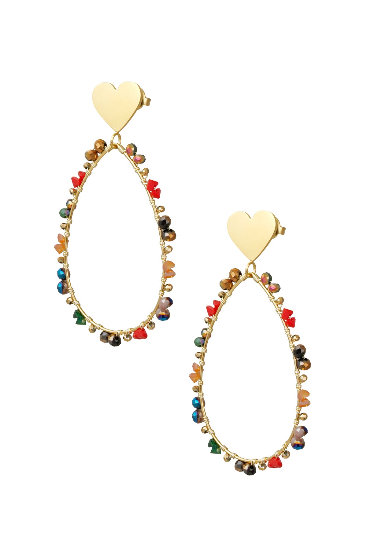 Oval earrings with beads and heart - gold/multi h5 