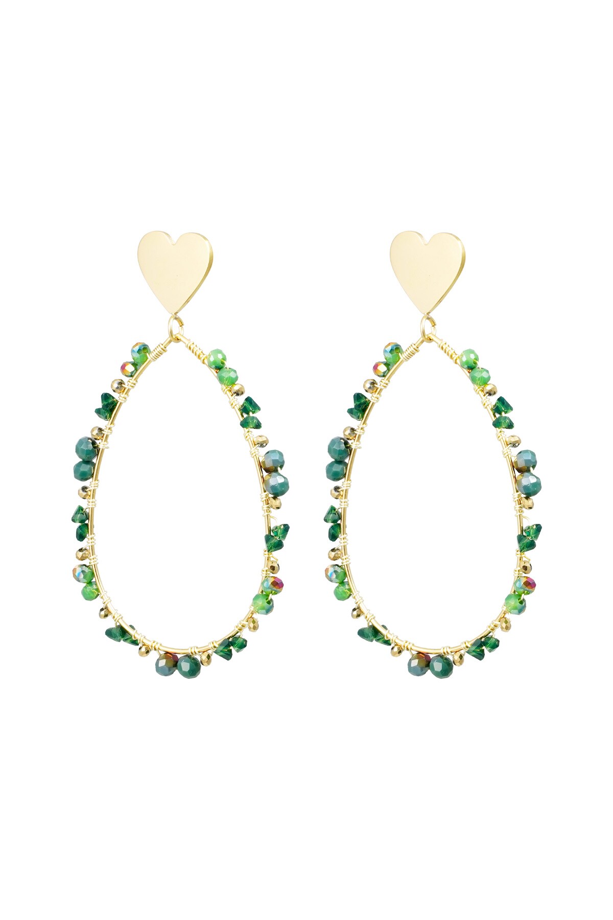 Oval earrings with beads and heart - gold/green 