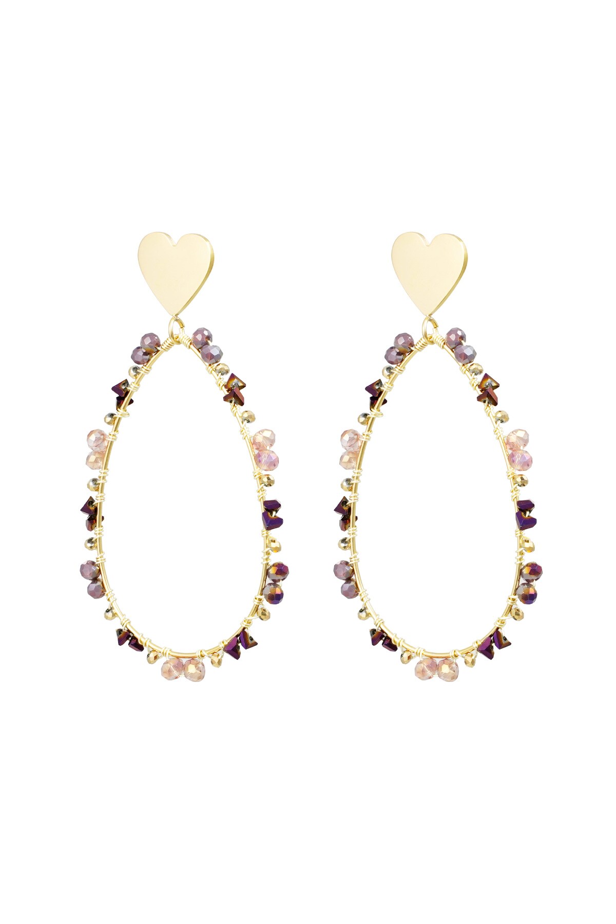 Oval earrings with beads and heart - gold/purple 