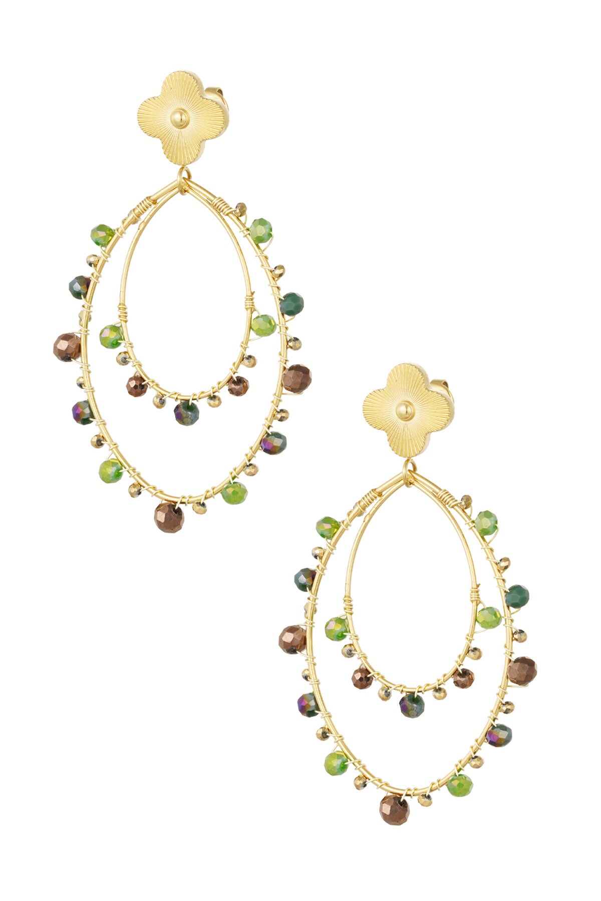 Oval earrings with beads - gold/green h5 