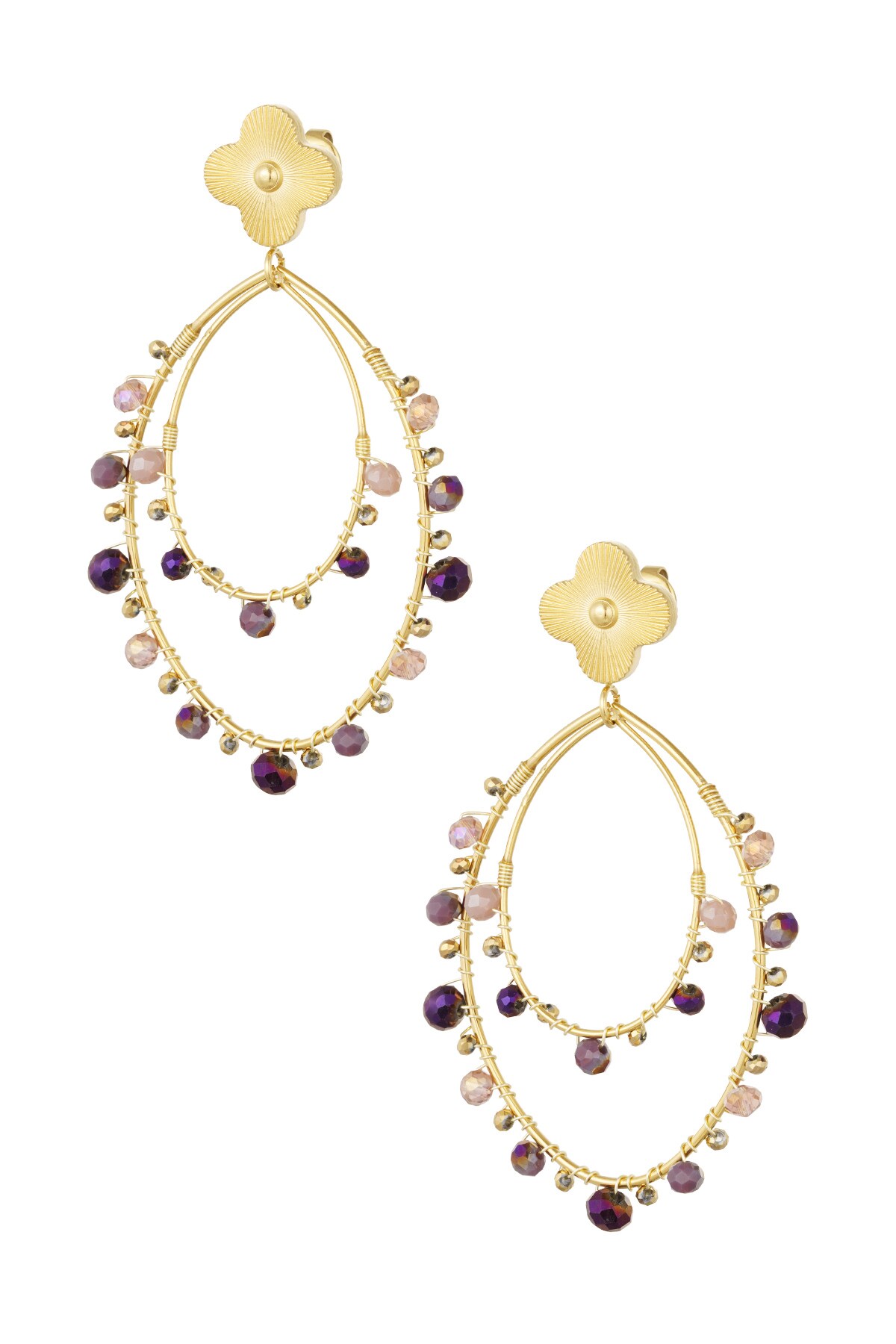 Oval earrings with beads - gold/purple h5 