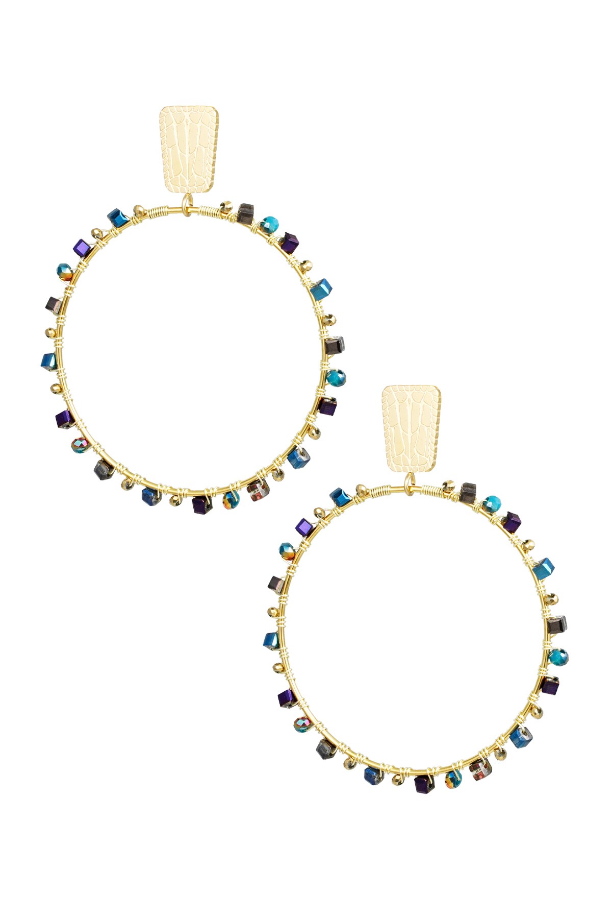 Round earrings with beads - gold/blue h5 