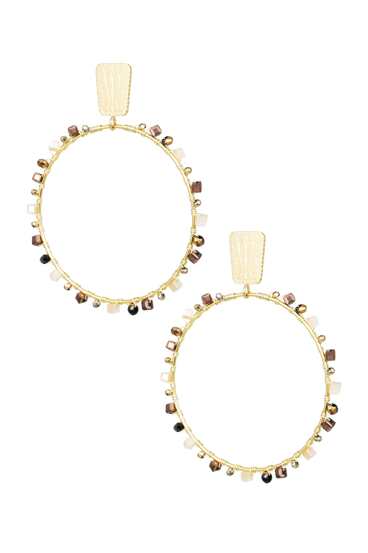 Round earrings with beads - gold/beige 