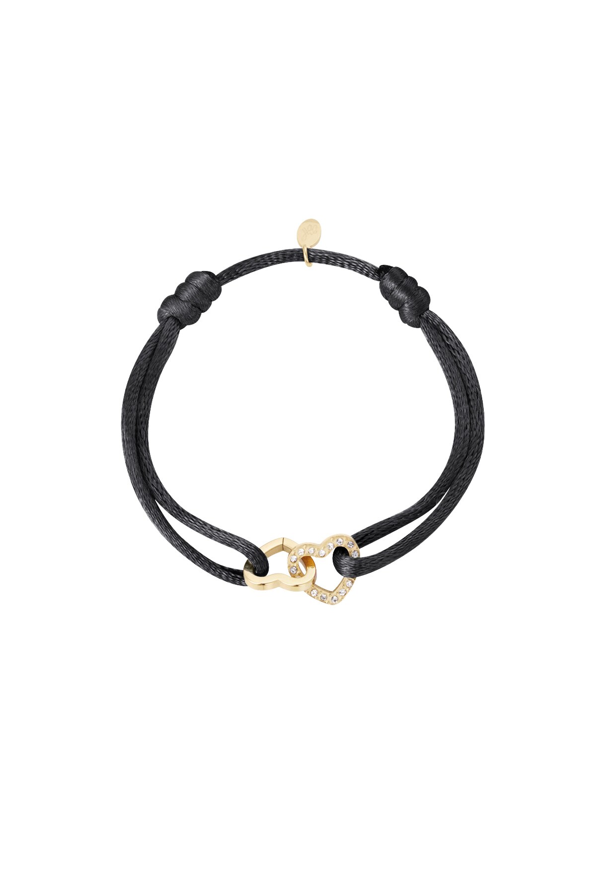 Satin bracelet double heart with stones - black gold 