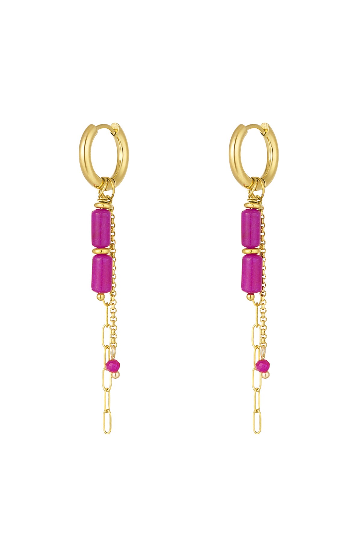 Earrings tube beads with chains - gold/fuchsia h5 