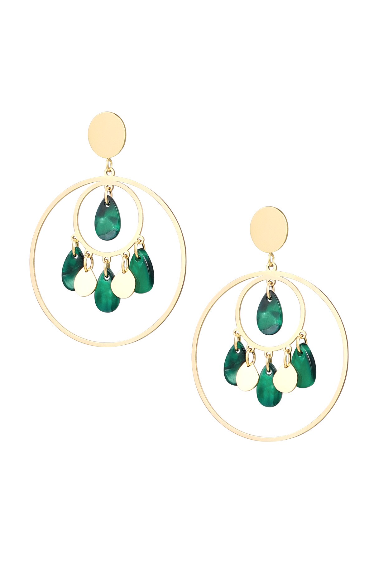 Earrings circles with coins - gold/green 