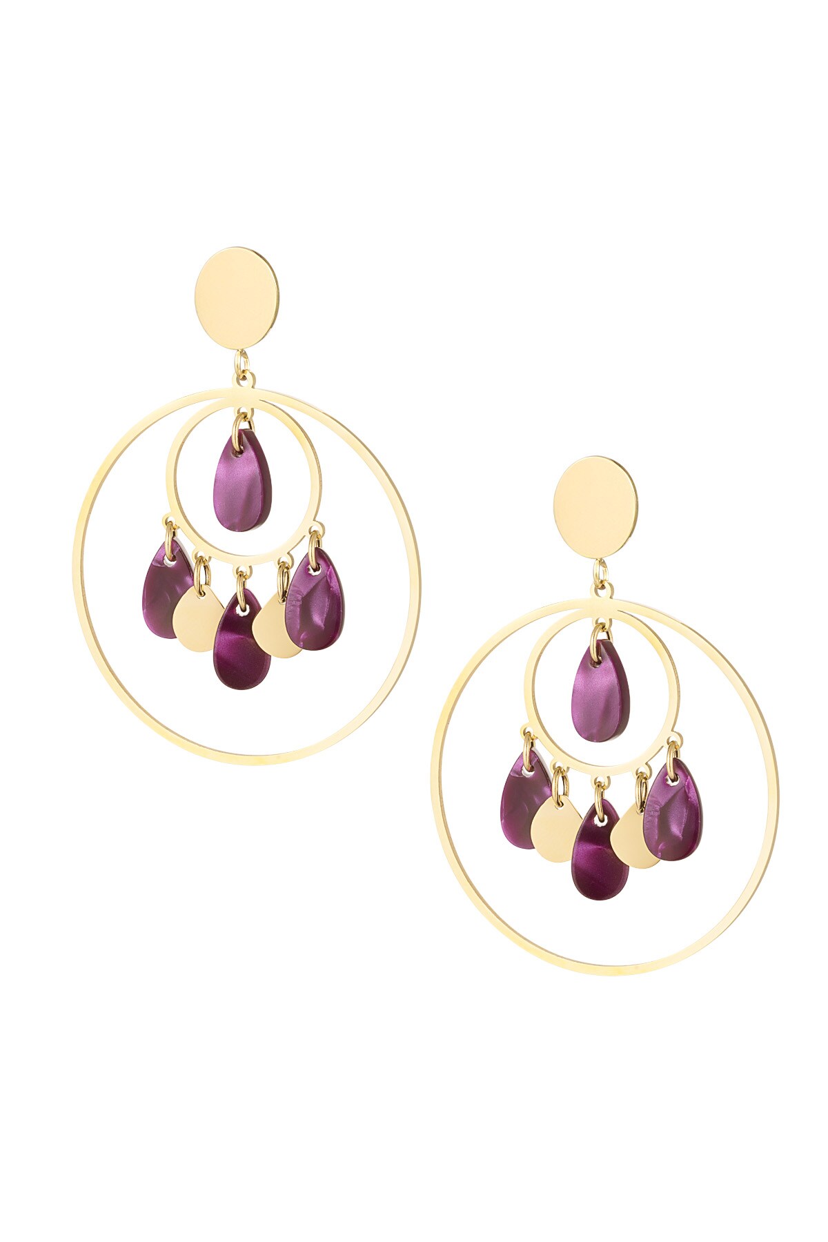 Earrings circles with coins - gold/purple 