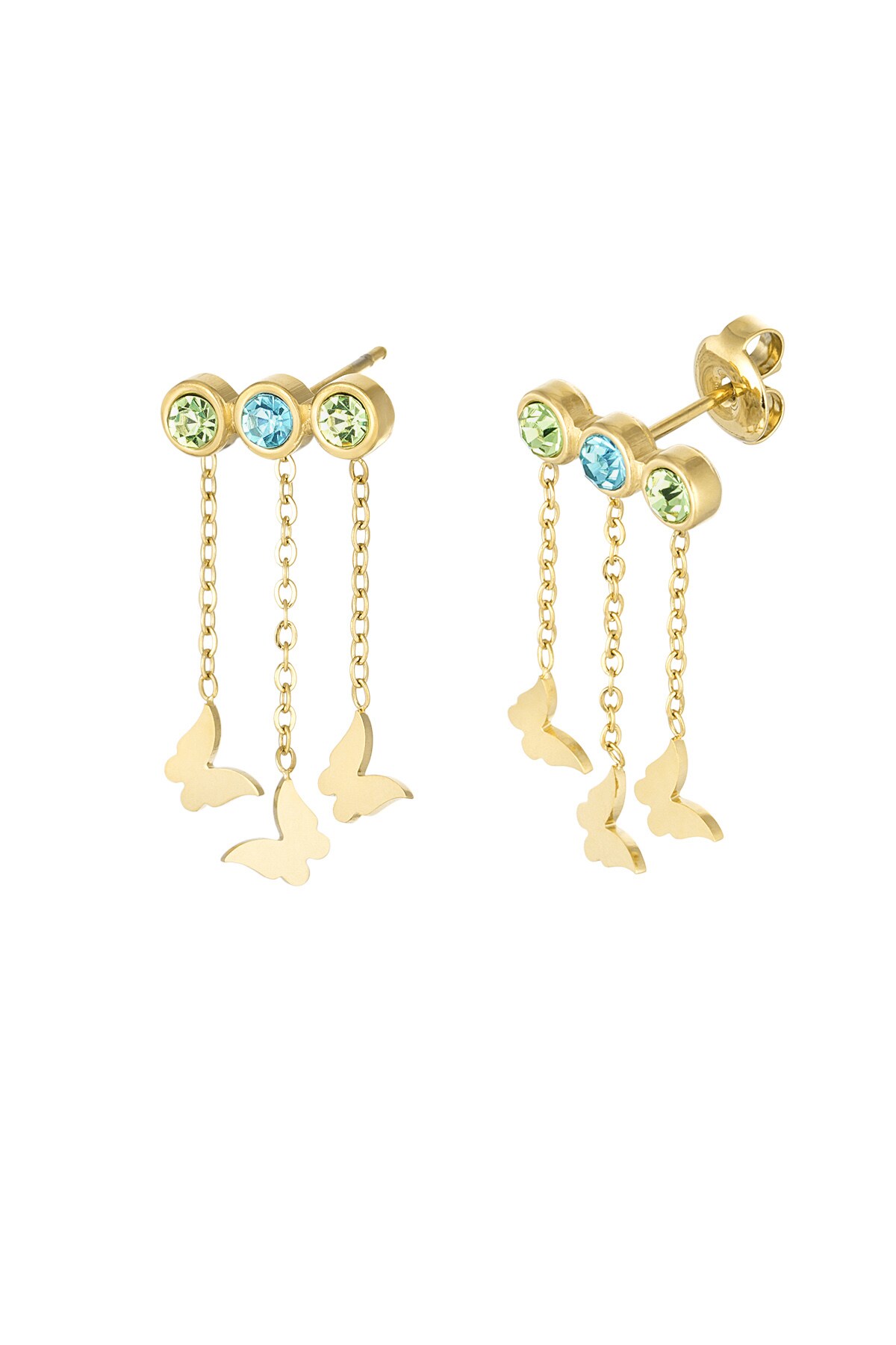 Earrings with butterflies & stones - gold/blue/green 