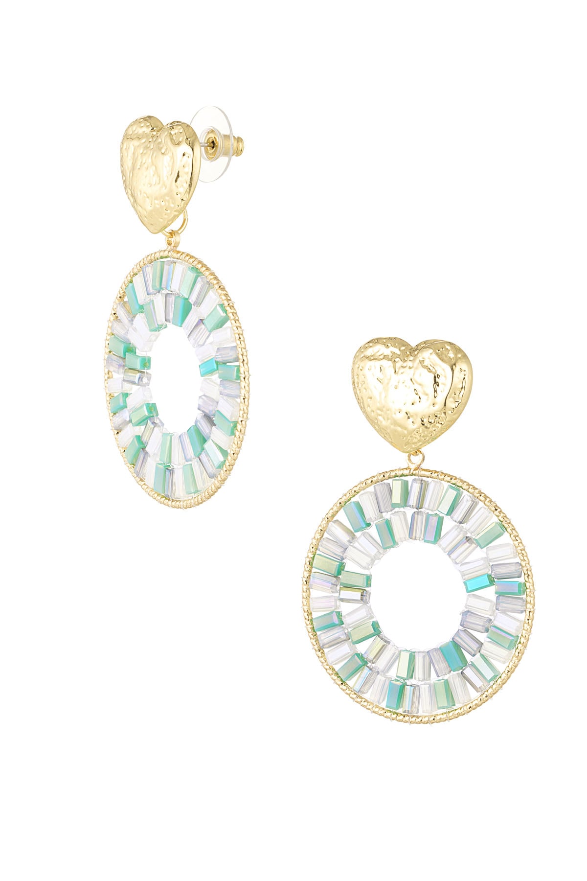 Round statement earrings with heart detail - light blue