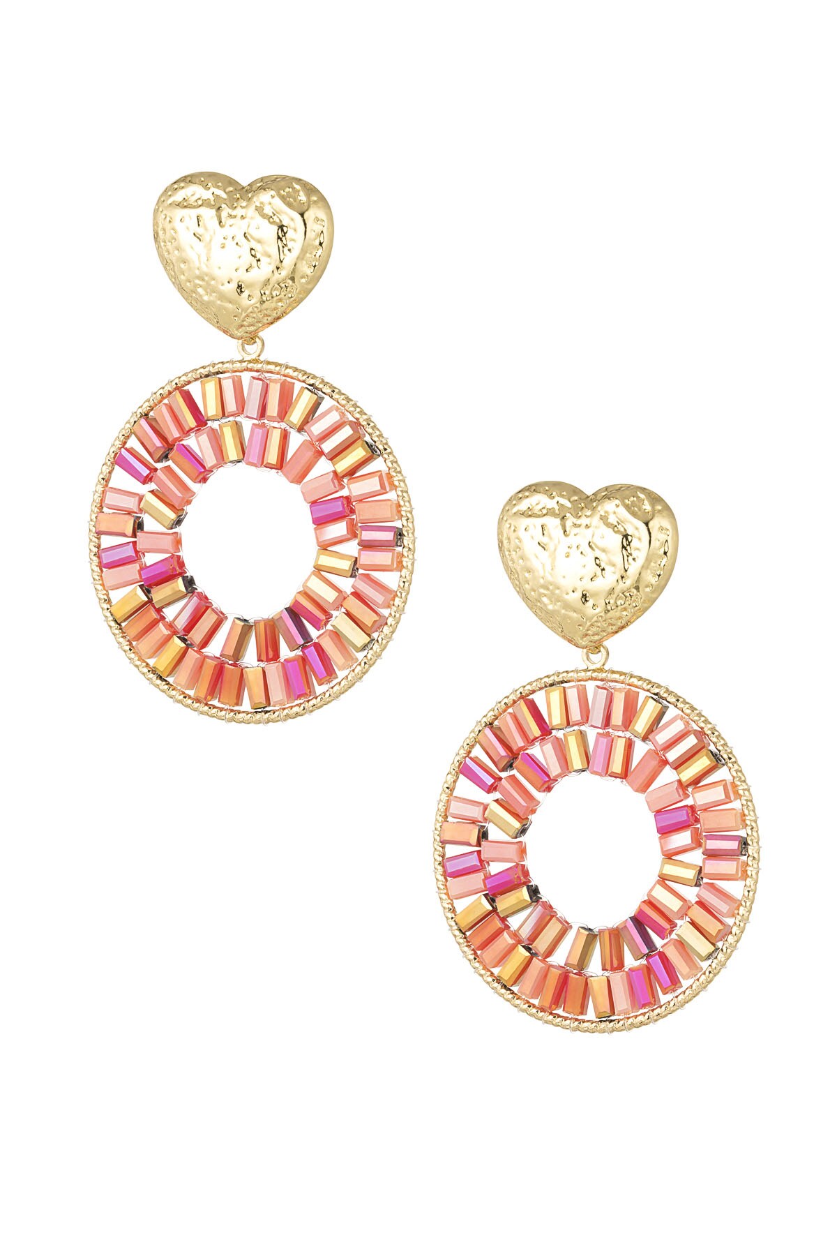 Round statement earrings with heart detail - red h5 