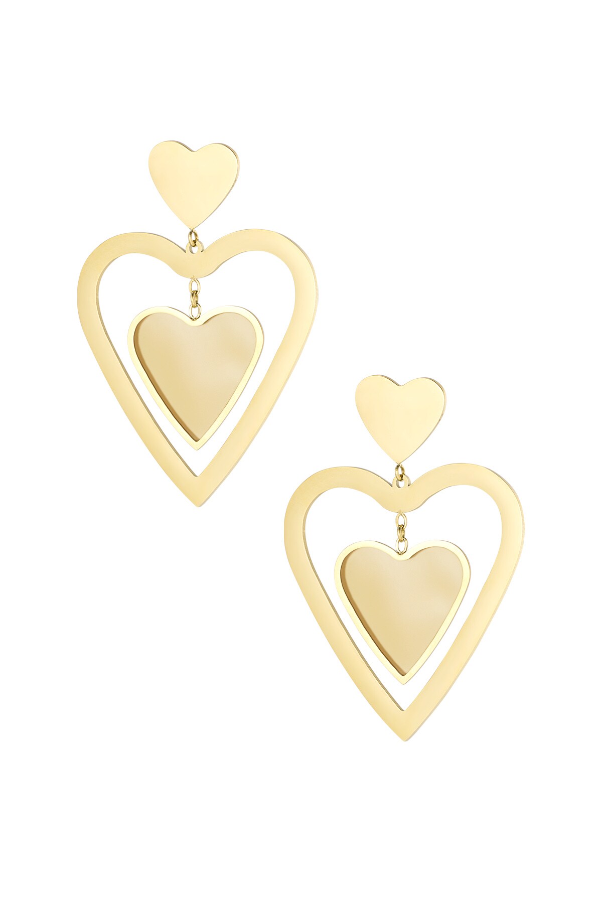 Double heart earrings - gold/beige 