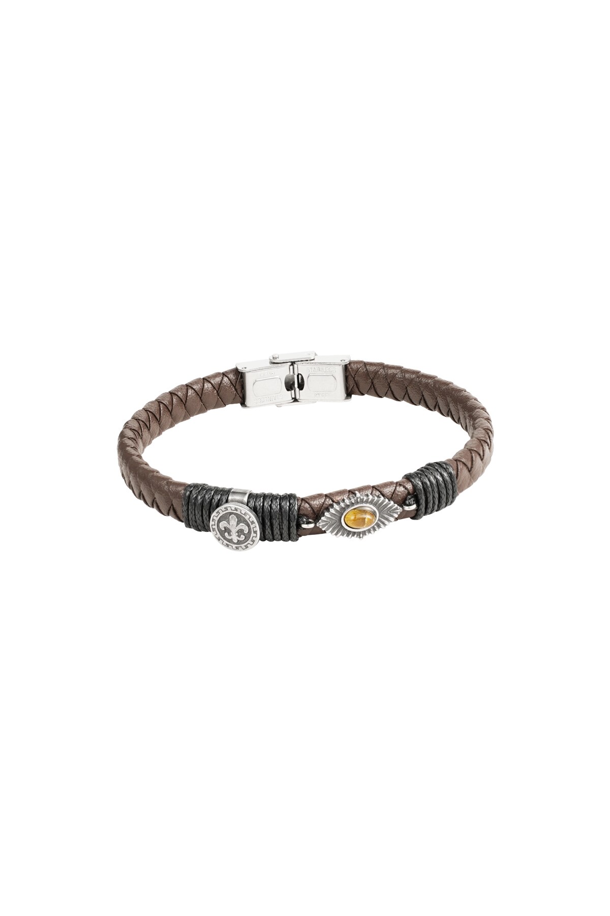 Men's bracelet braided with stones - silver/brown h5 