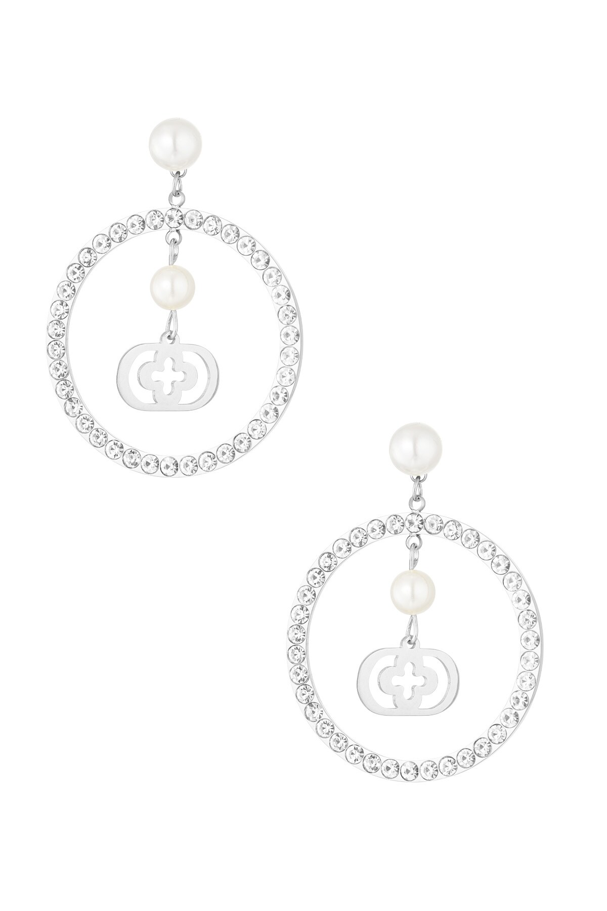 Earring with round stone pendant with hanging detail - Silver color h5 