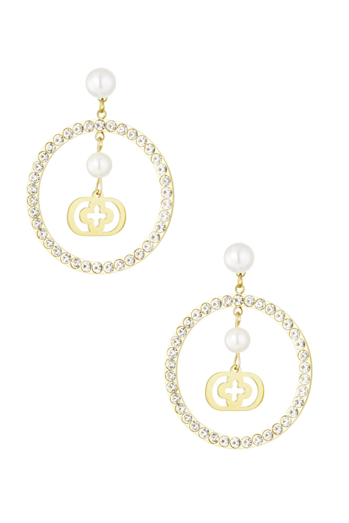 hoops on stud earrings with pearls and clover - Gold color h5 