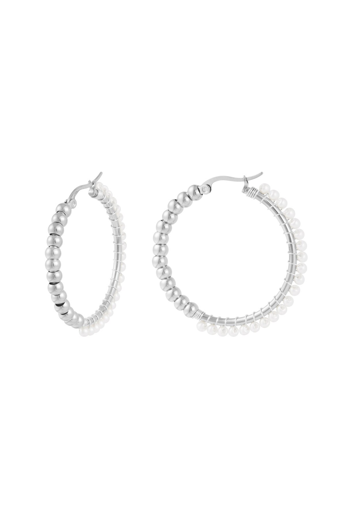 Stainless Steel Large Circle Pearl Bead Earrings - Silver color h5 