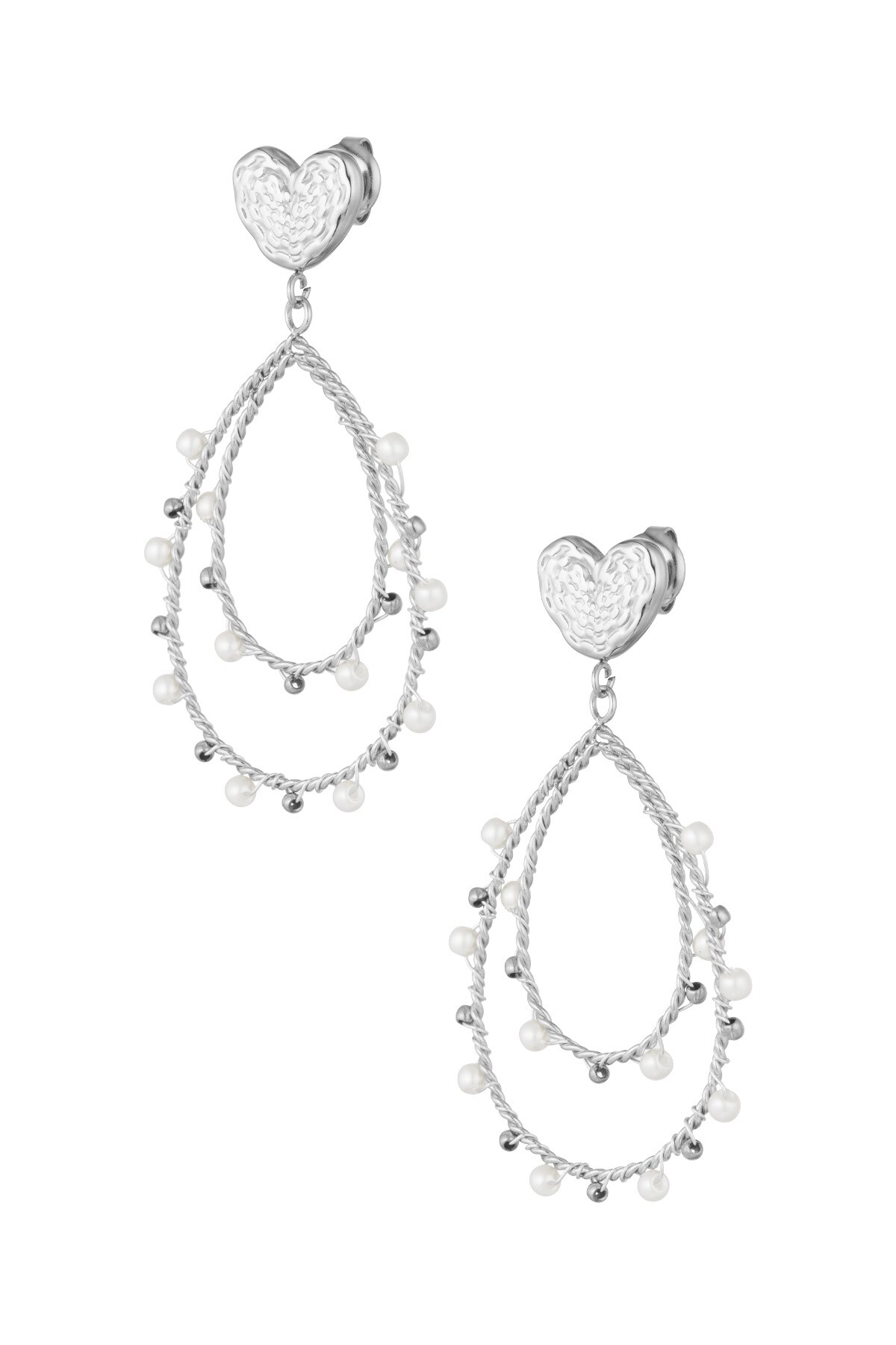 Earrings heart drop and pearls - Silver color 