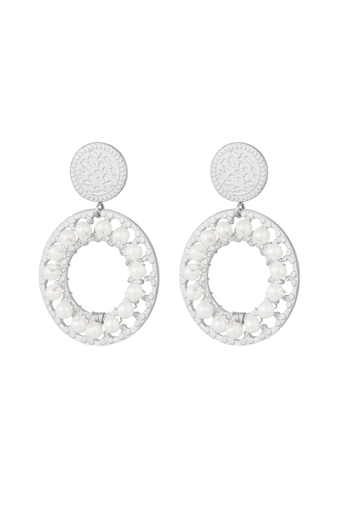 Double circle earrings with pearls - Silver color h5 