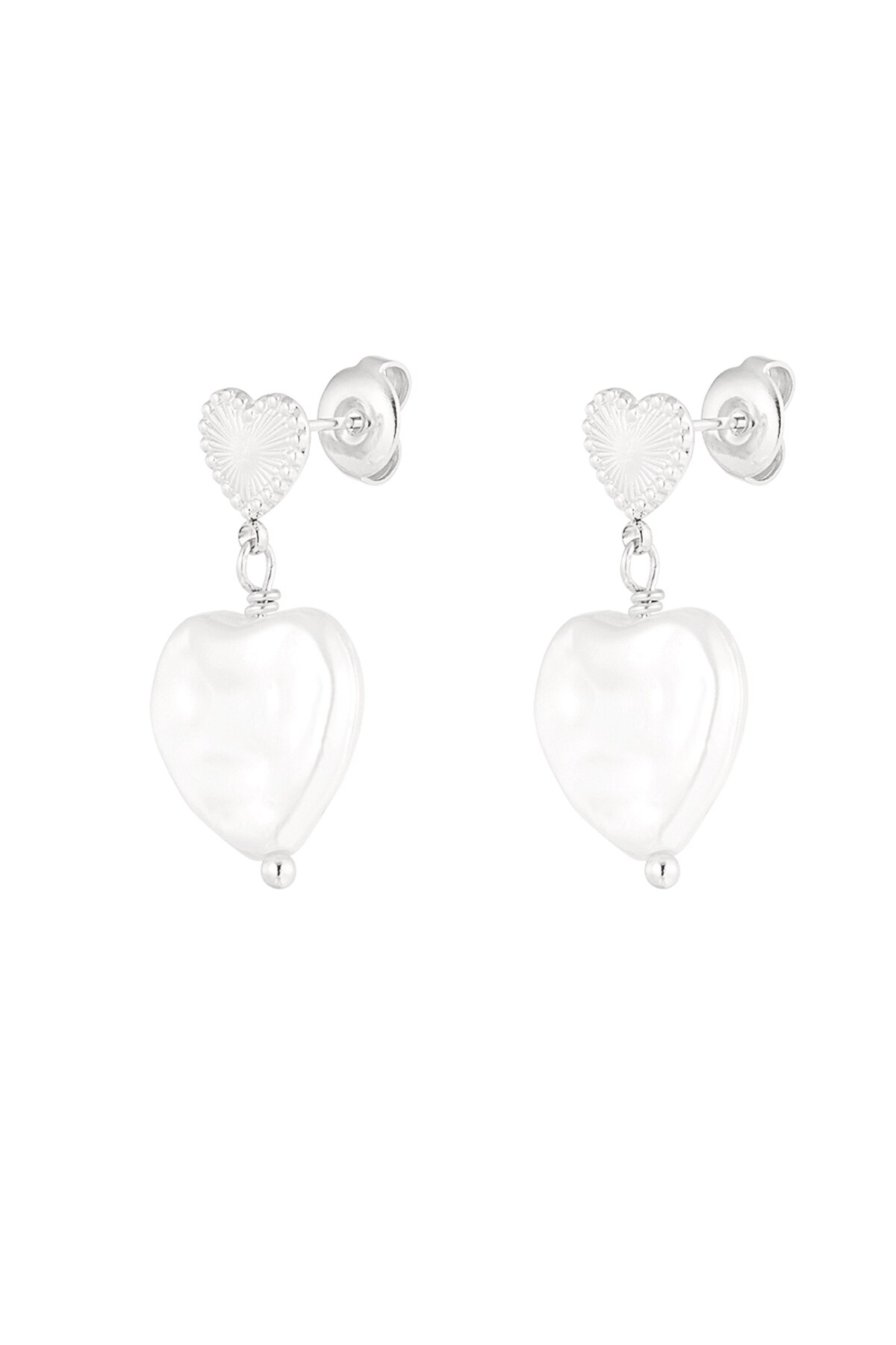 Double heart earrings large pearl - Silver color 