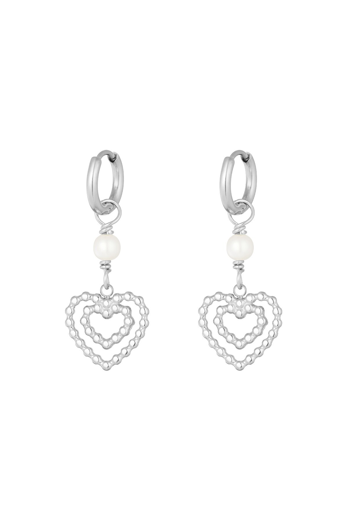 Earrings double heart with pearl - Silver color h5 