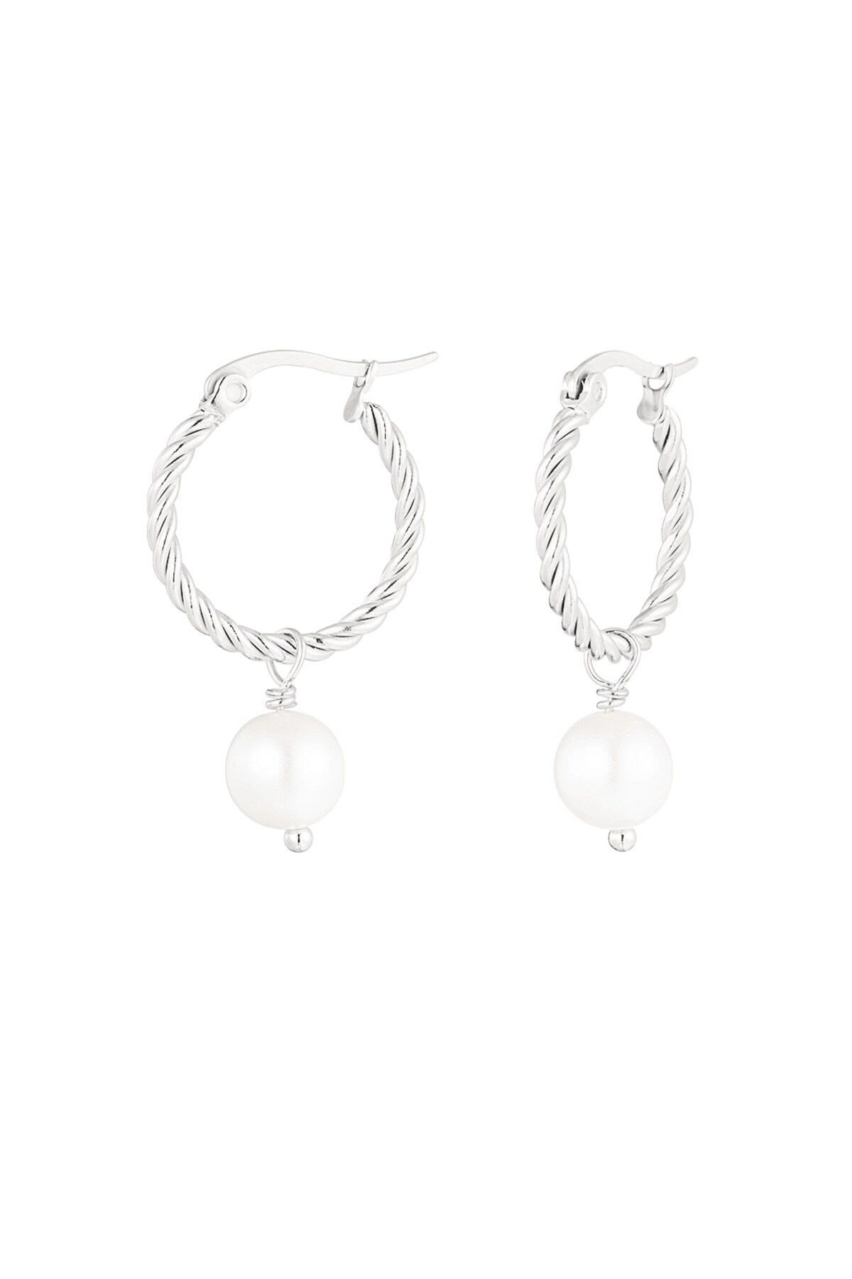 Round rope earring with pearl pendant - Silver color h5 