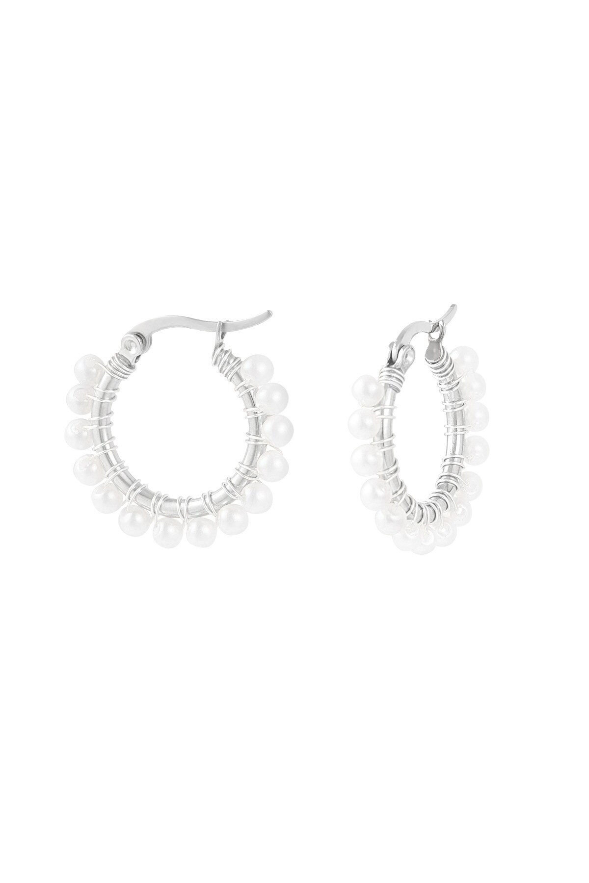 Round simple earring with pearls - Silver color h5 