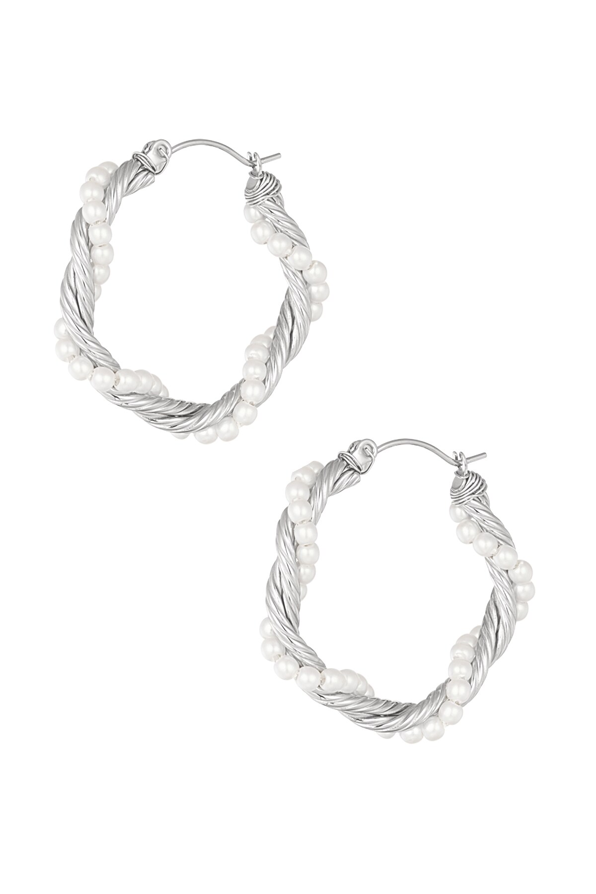 Round twisted rope earrings with pearls - Silver color h5 