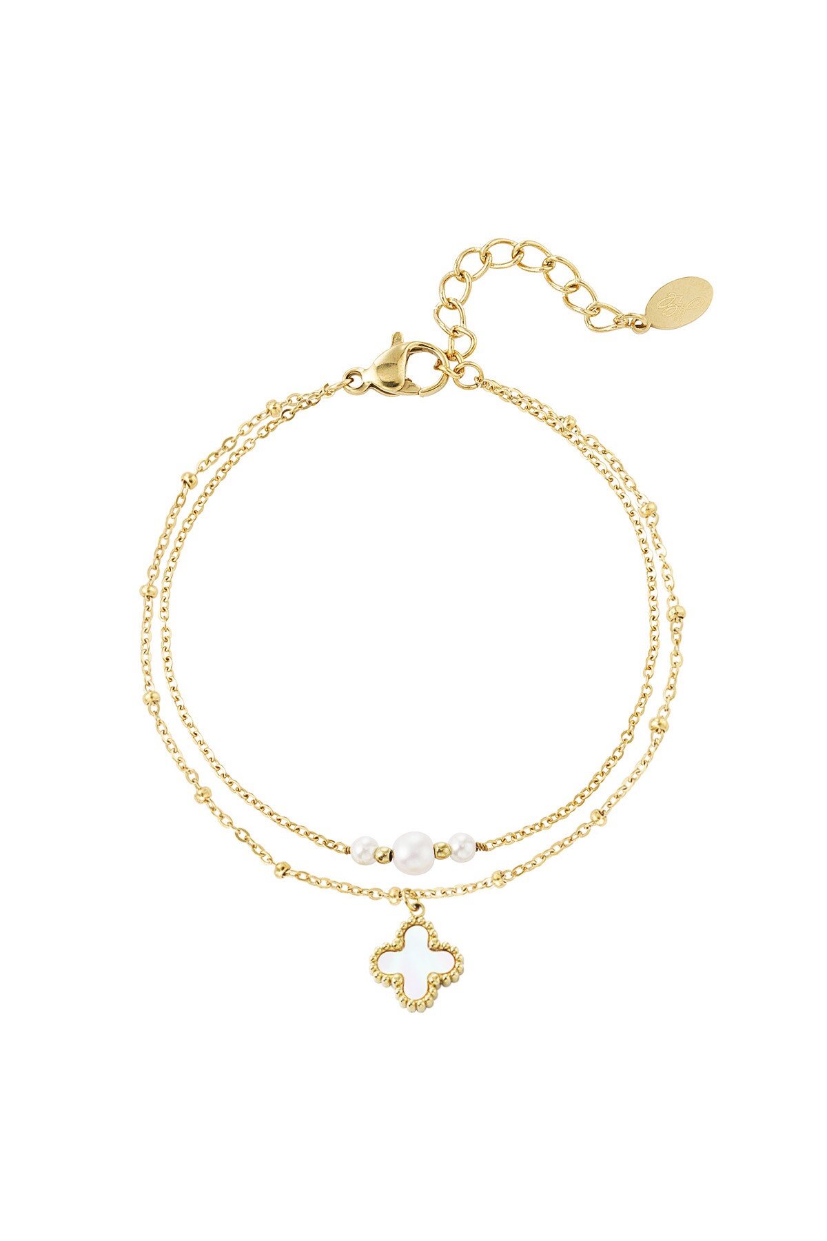 Double bracelet with pearls and clover charm - Gold color h5 