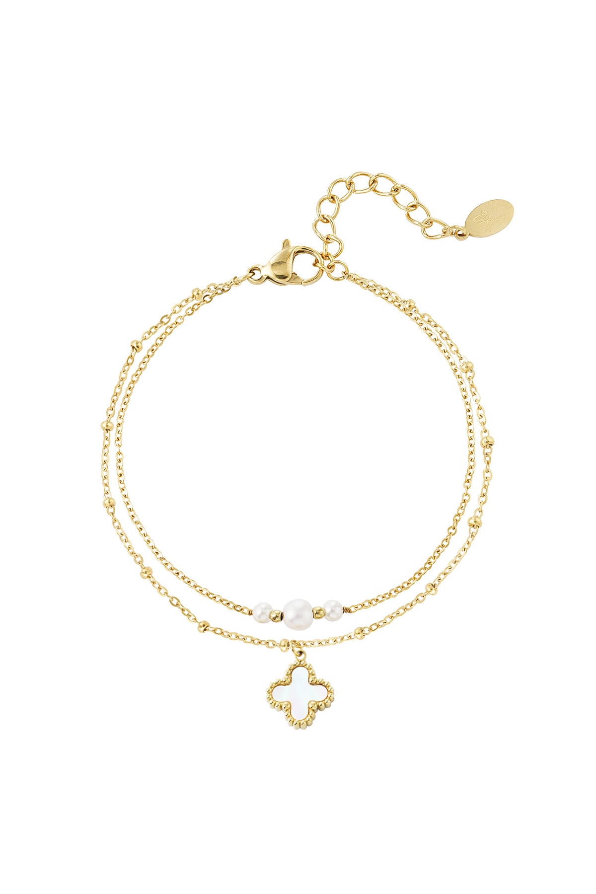 Double bracelet with pearls and clover charm - Gold color 