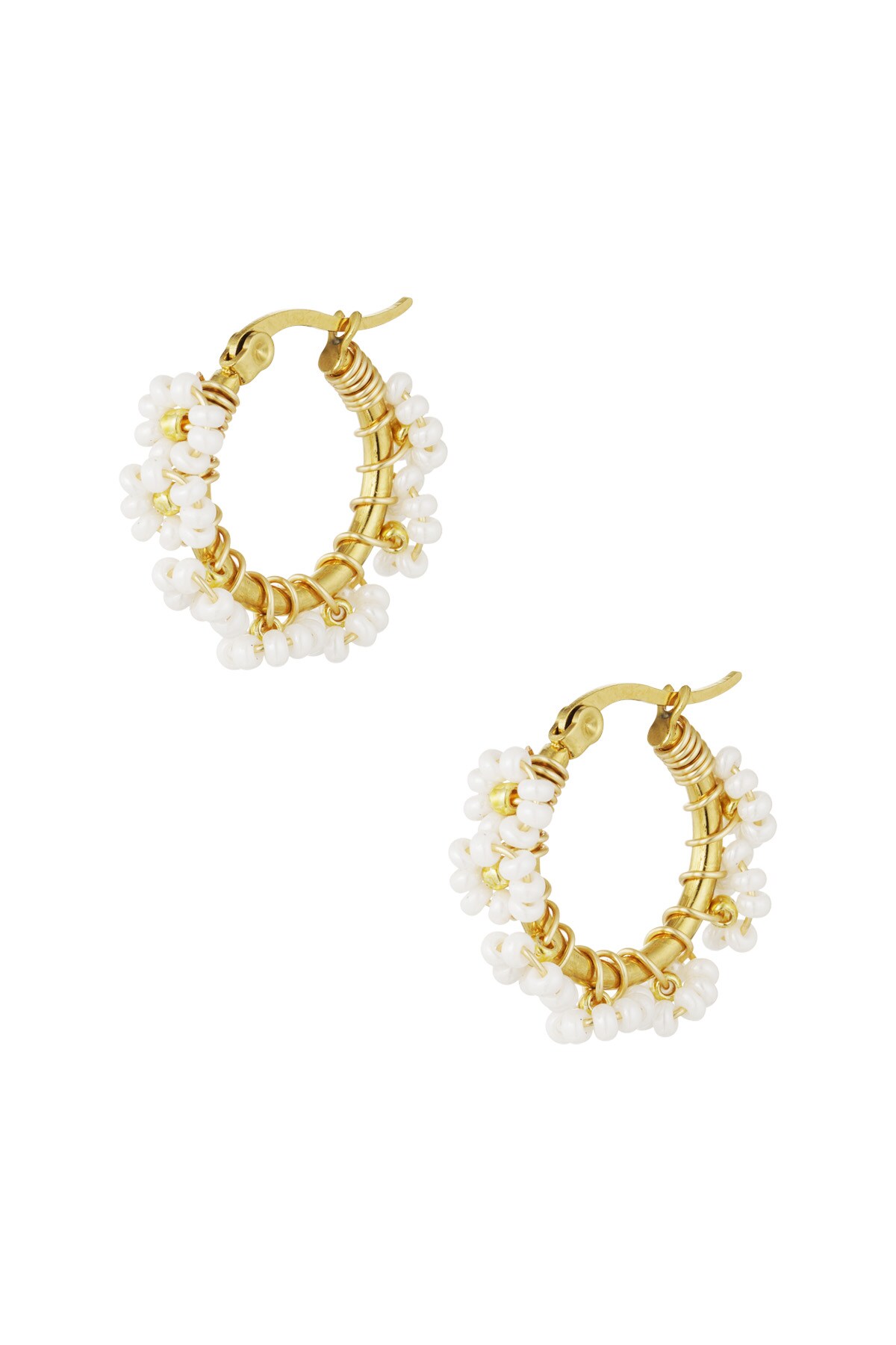 Stainless Steel Glass Beads Circle Earrings- White 