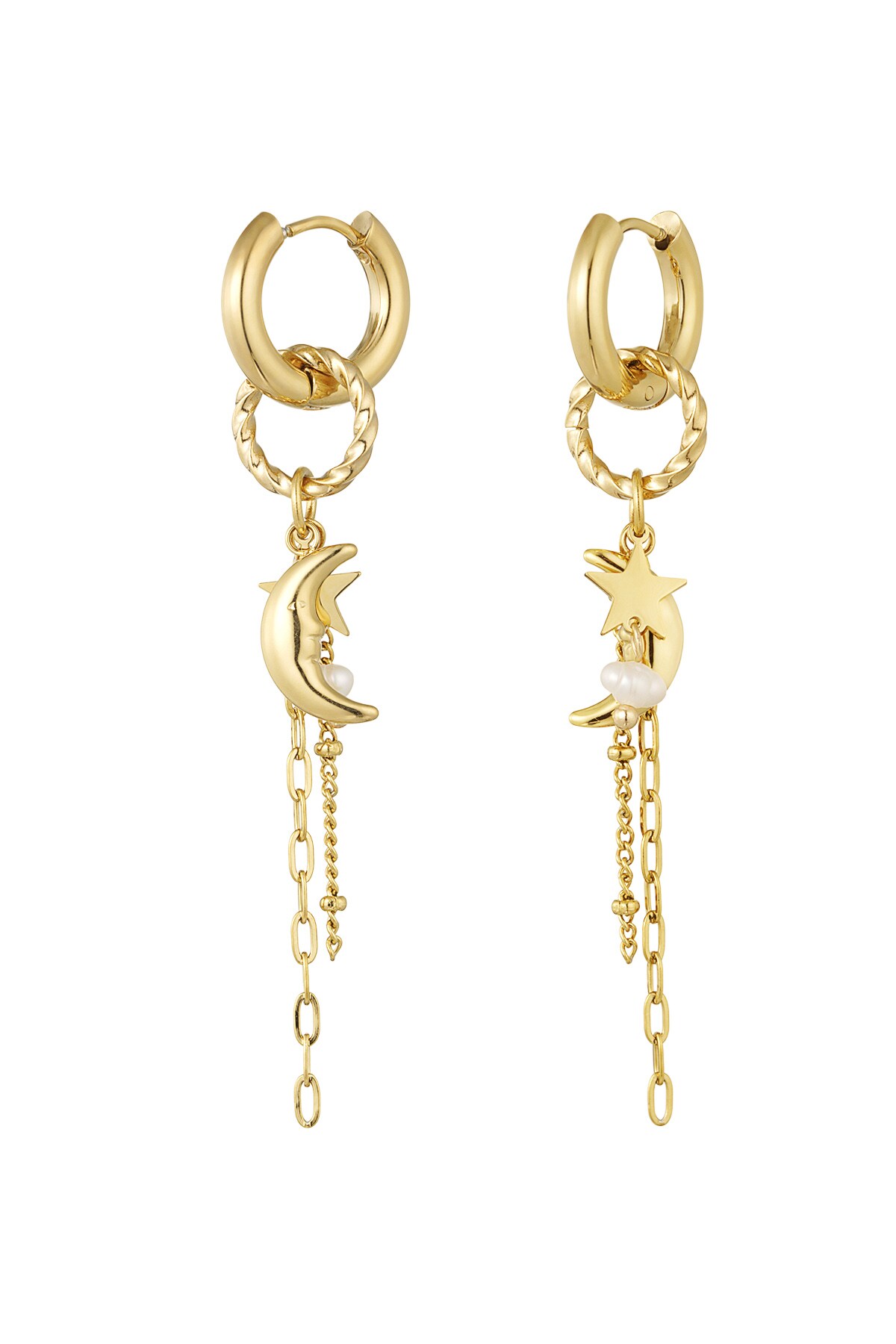 Earrings with star, moon and pearl - Gold color h5 