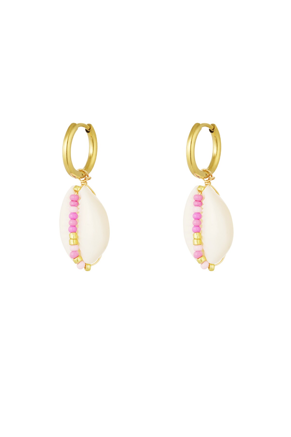 Stainless Steel Earrings with Seashell and Glass Beads - Pink and Gold h5 