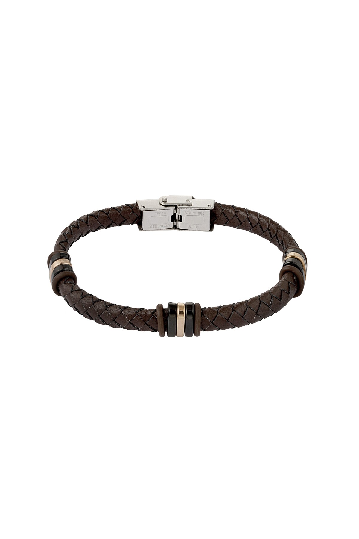 Men's bracelet braided with gold/black rings - dark brown  