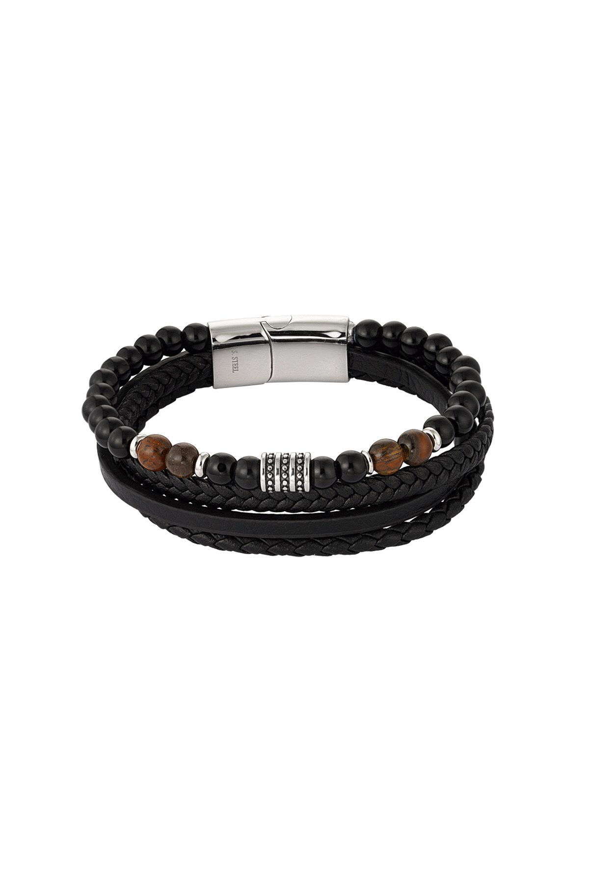 Men's bracelet double braided with beads - brown/black 