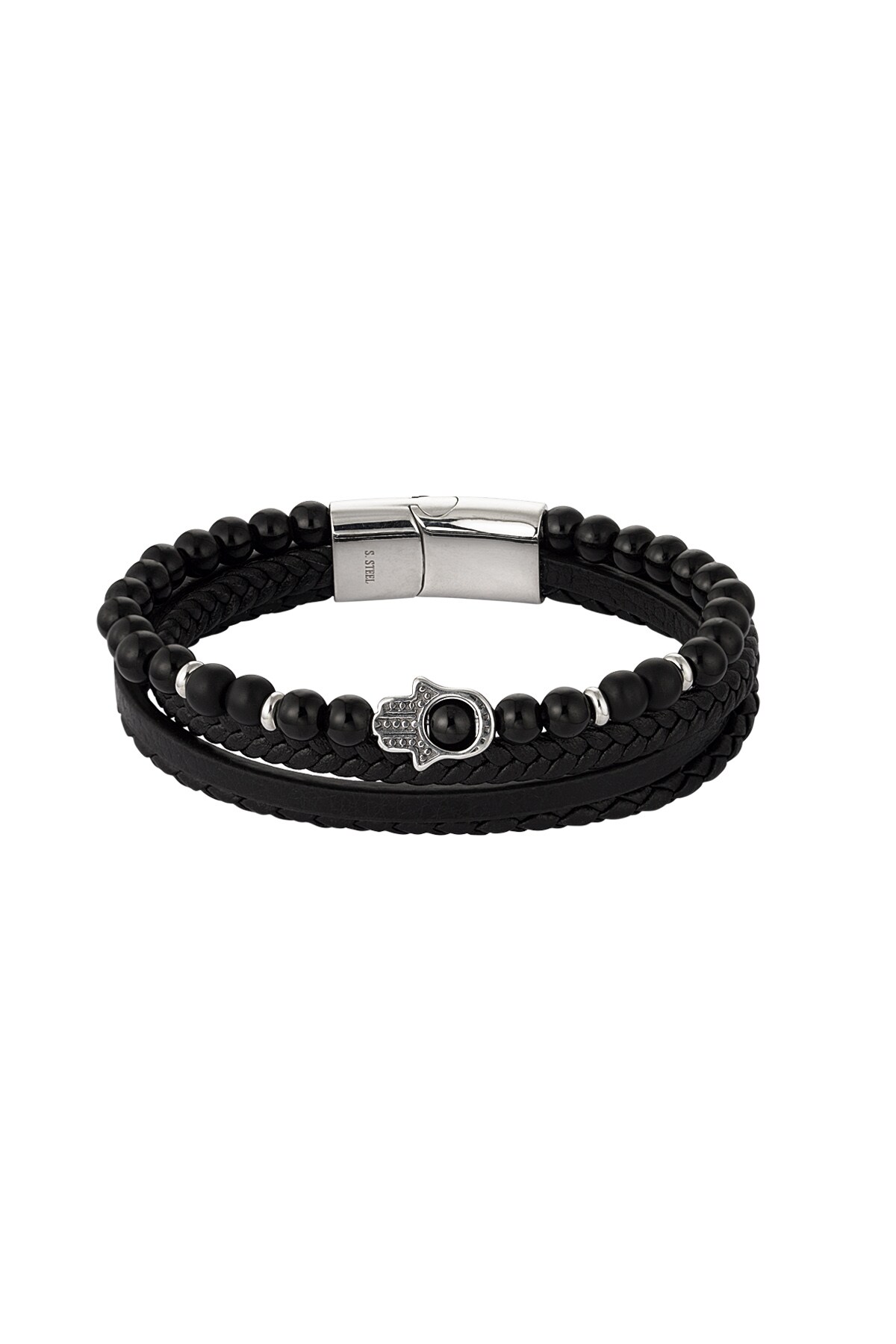 Double men's bracelet with hand charm - Black Silver 