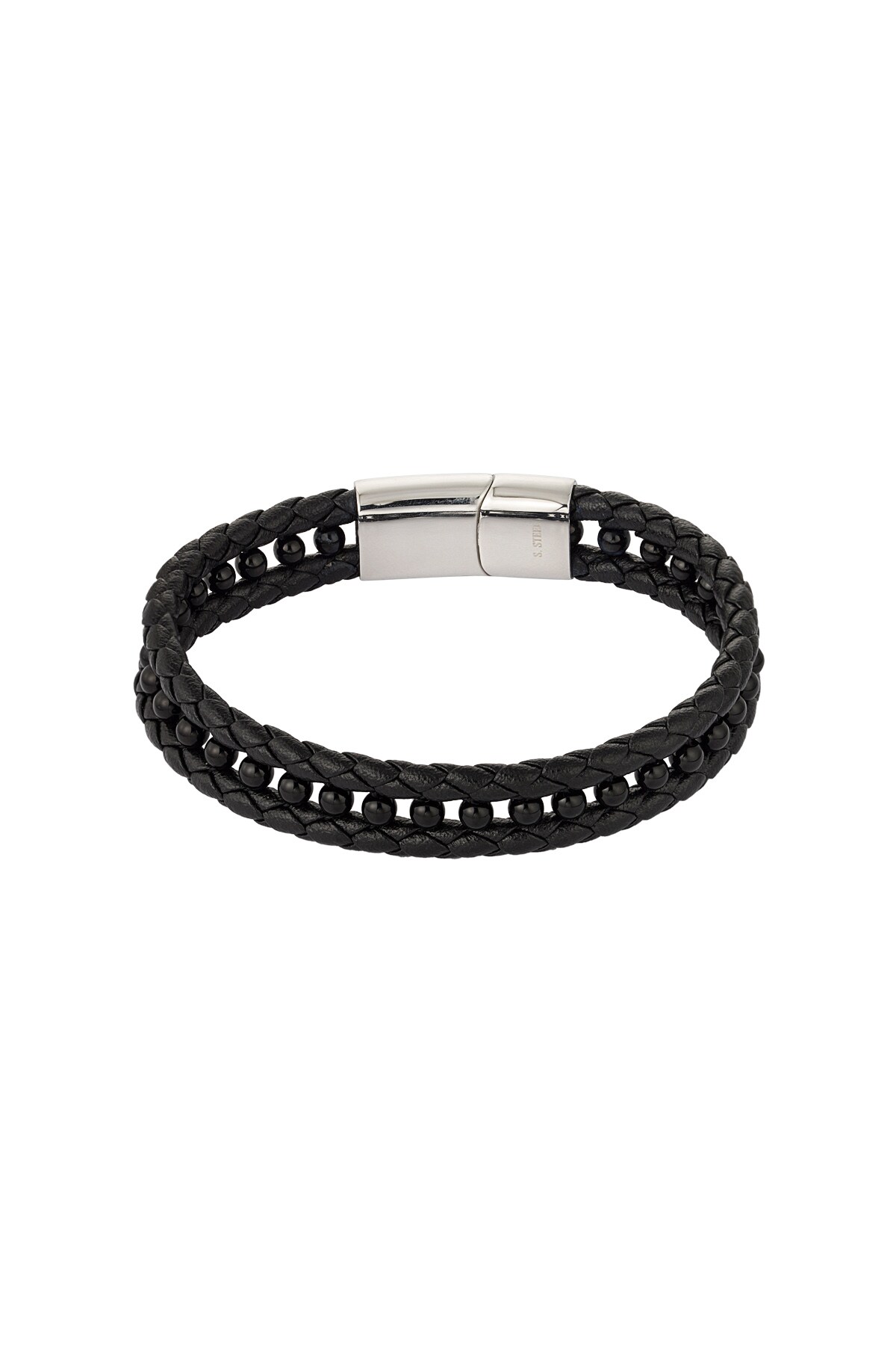 Double men's bracelet braided with beads in the middle - black 