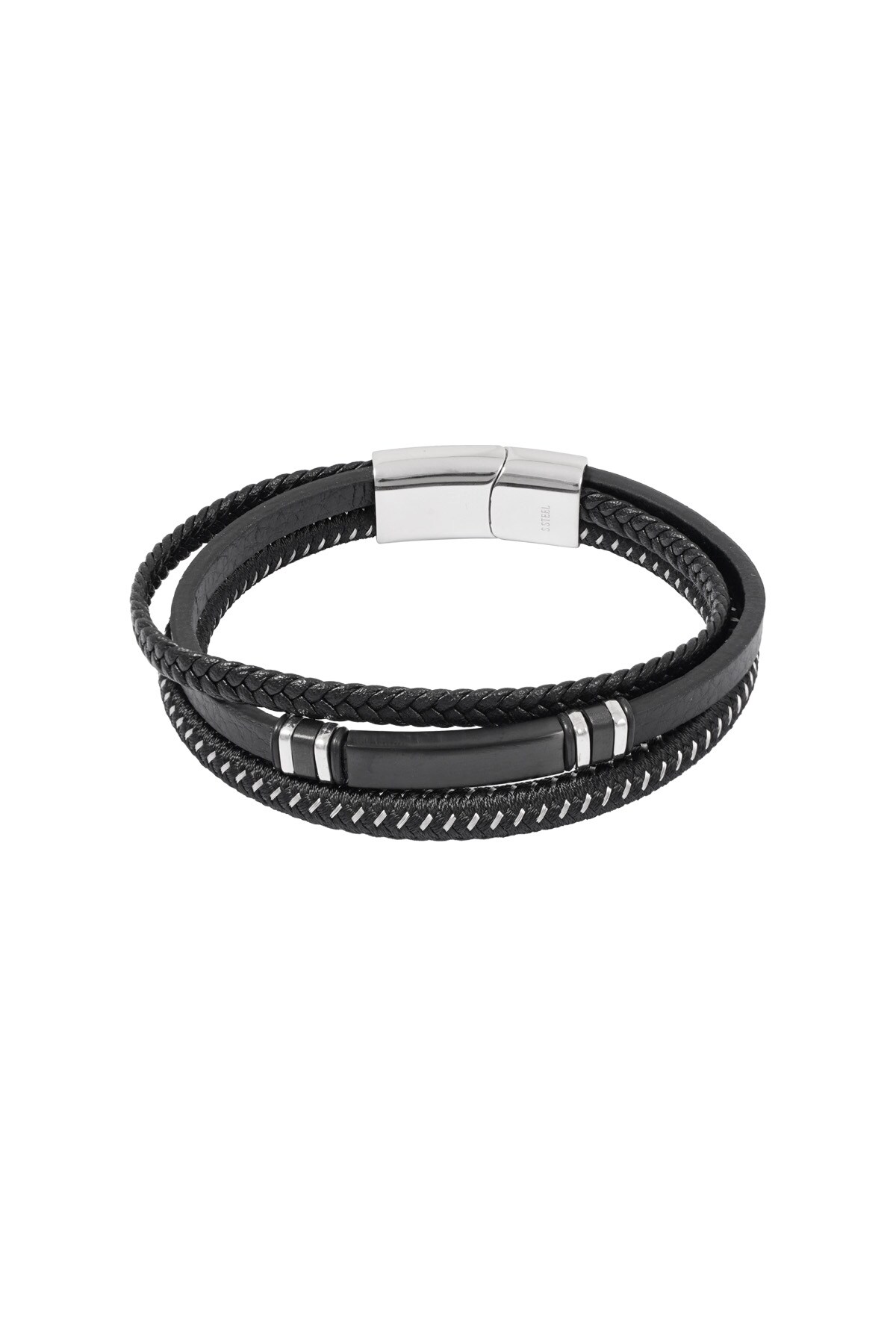 Casual double braided men's bracelet - black/silver 