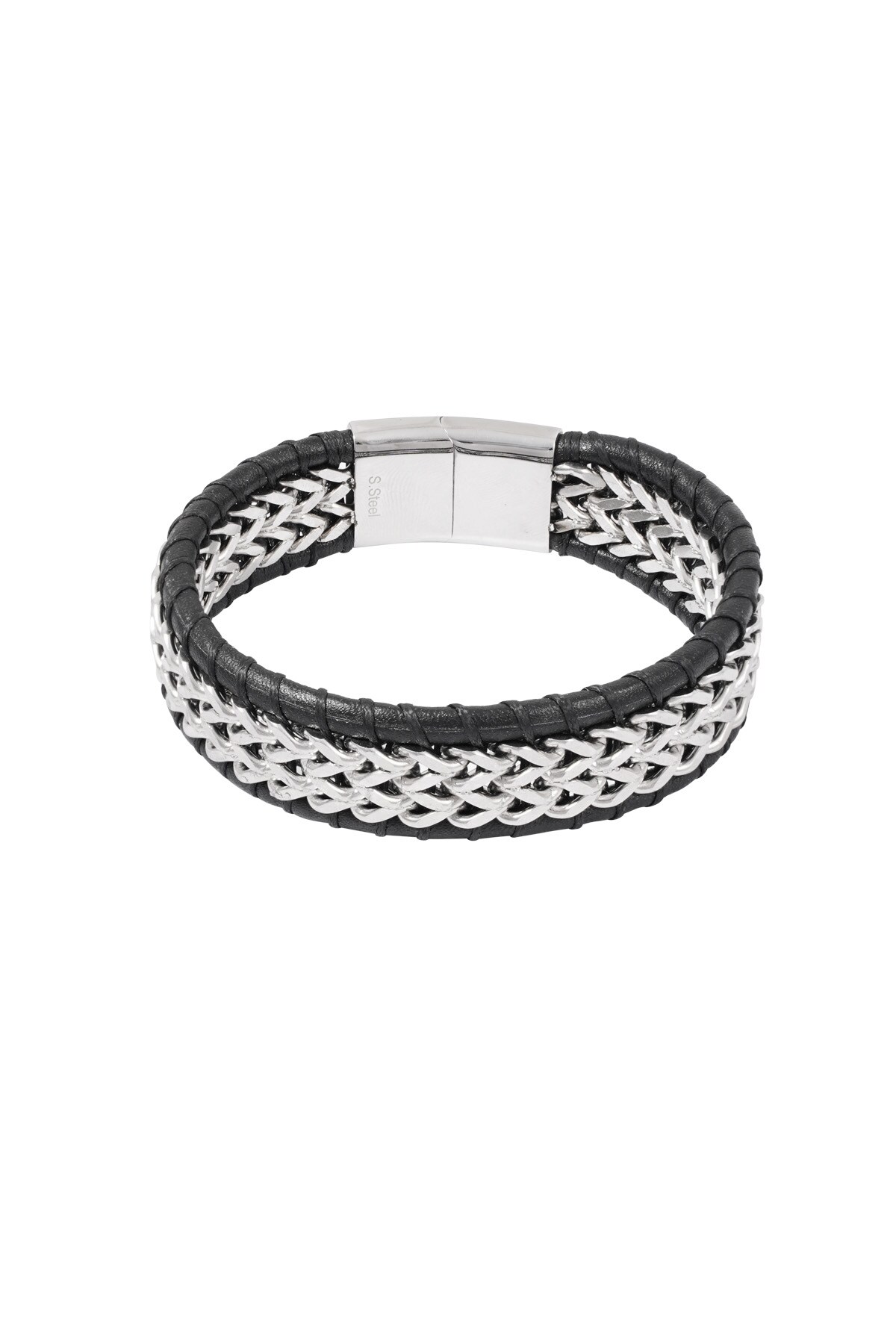 Men's bracelet with leather - silver black 