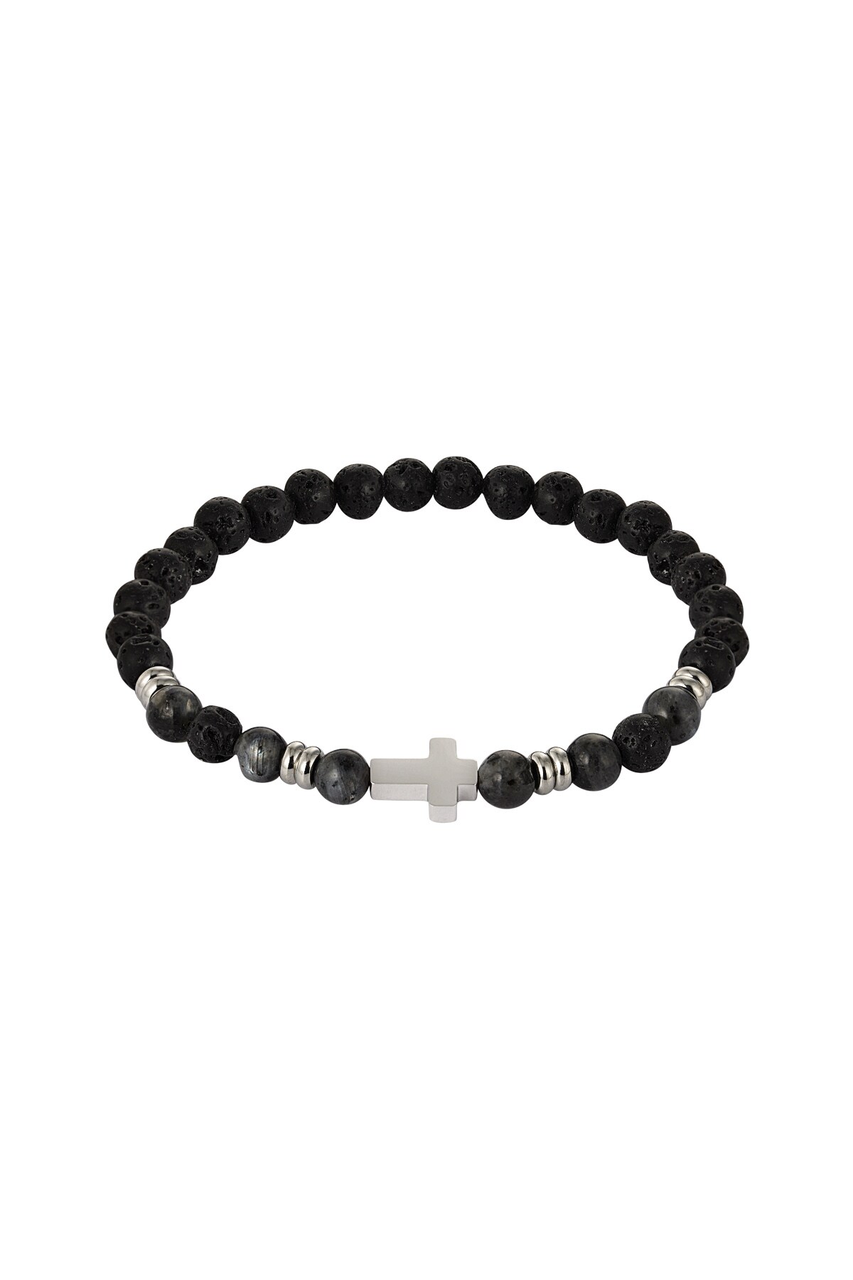 Men's beaded bracelet with cross - black silver h5 