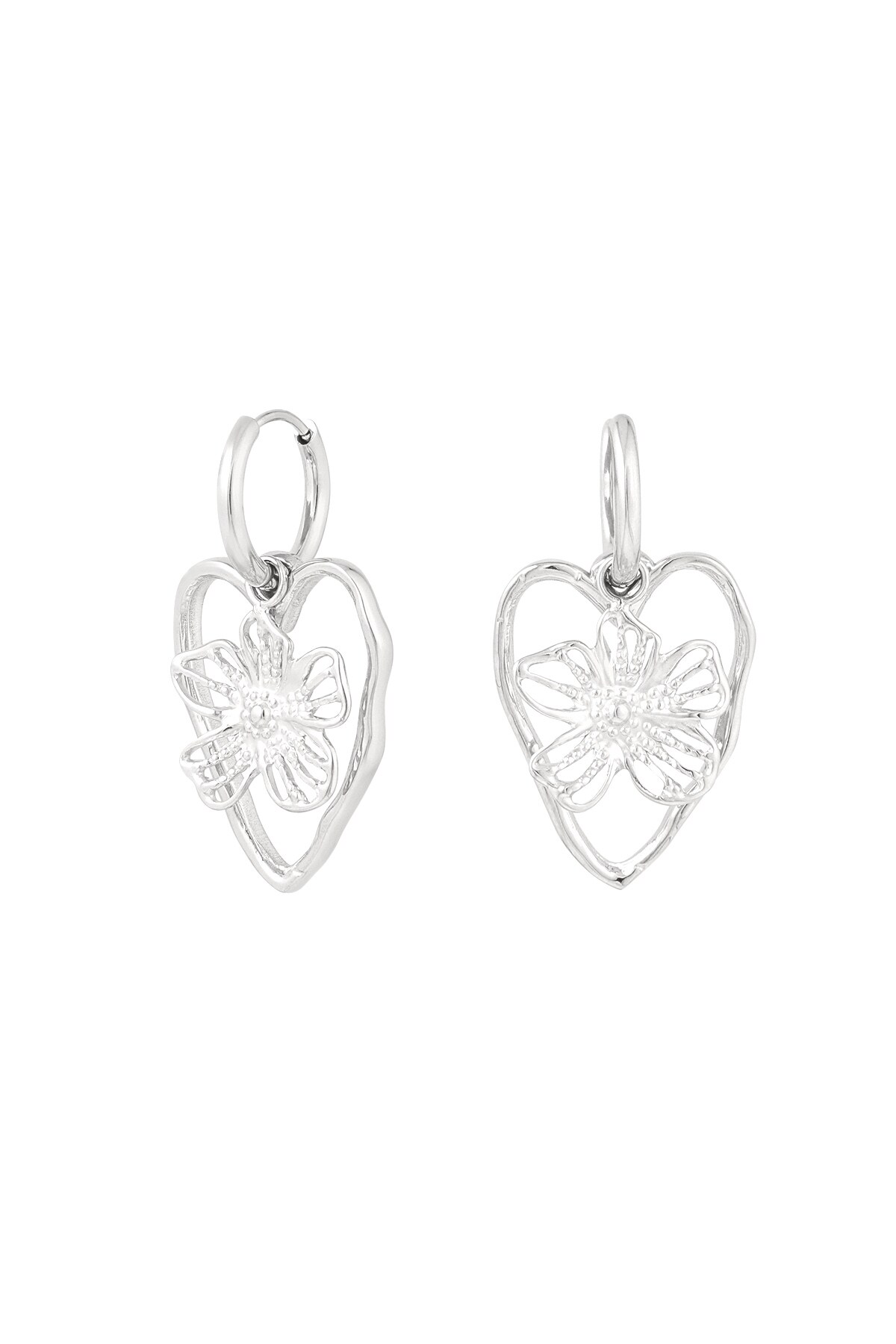 Earrings statement flower heart - Silver color h5 