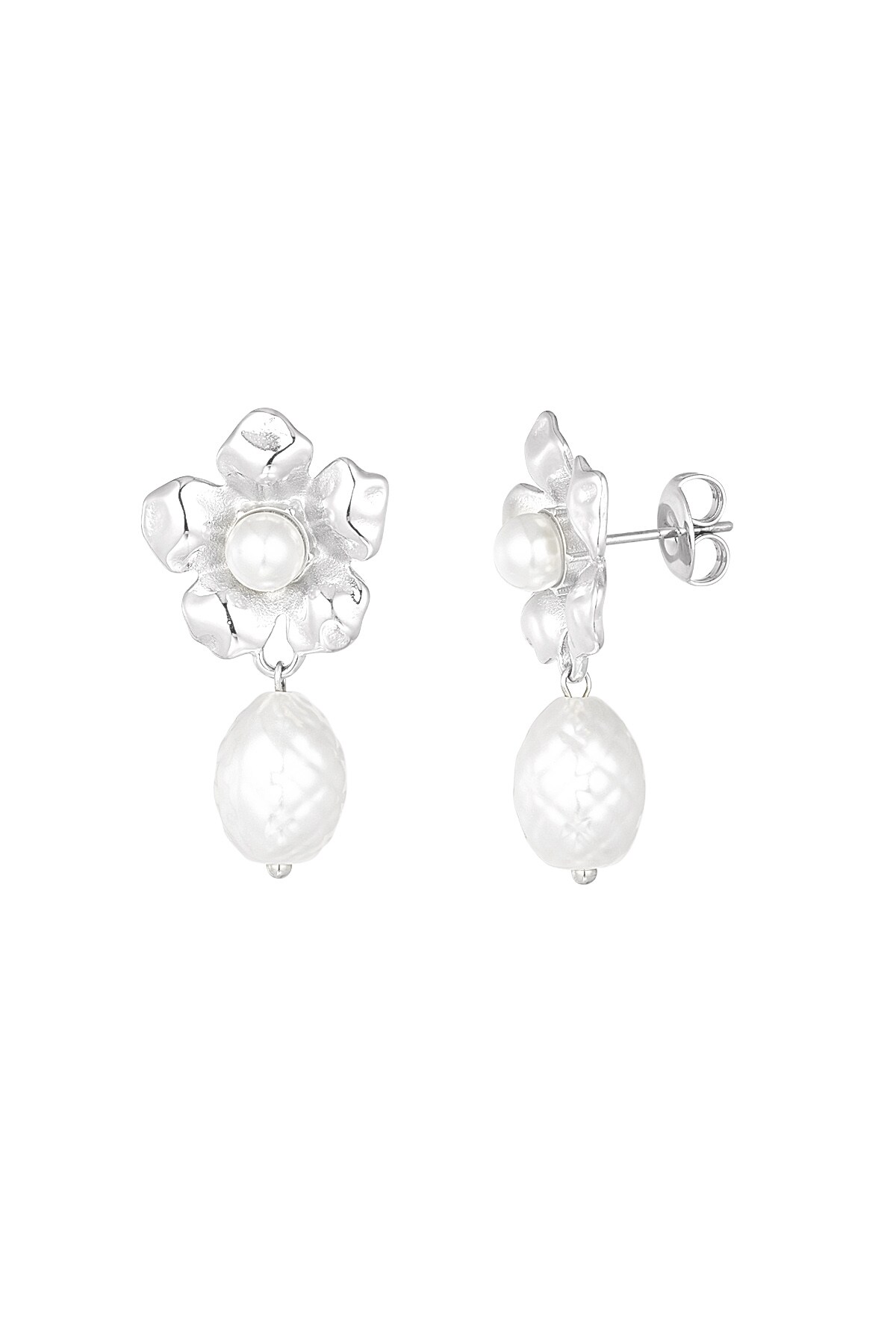 Statement flower pearl earrings - Silver color 