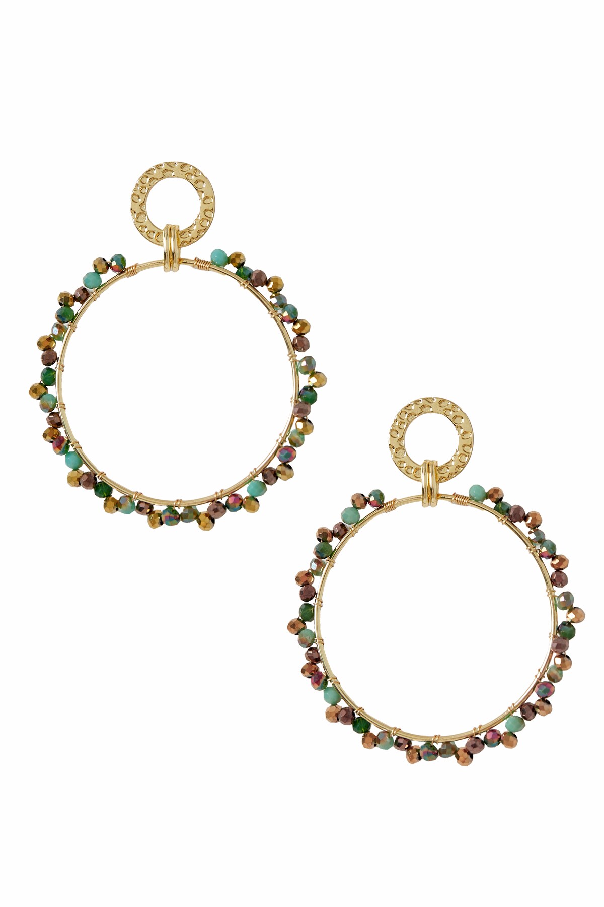 Earrings Round double circle with Colorful bead - gold/green h5 