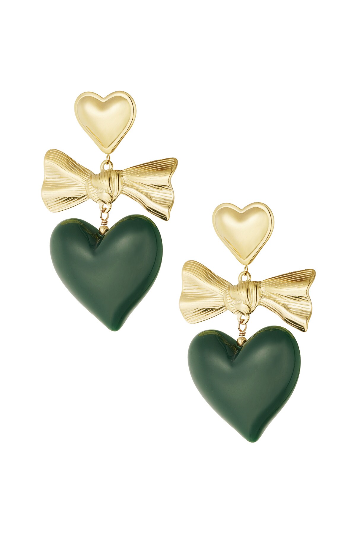 Earrings colored heart and bow - green & gold h5 