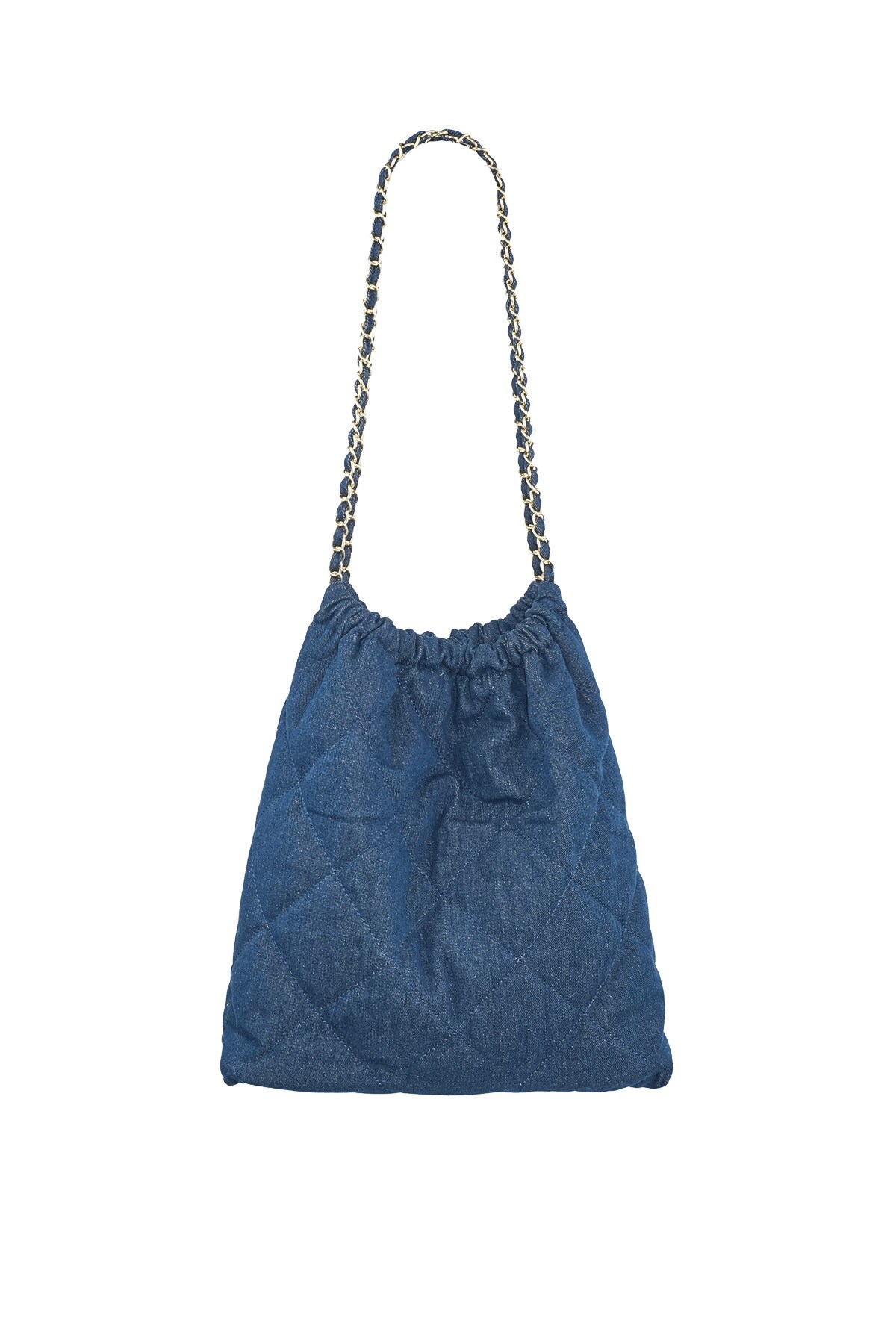 Denim bag with stitched motif and chain - medium dark blue 