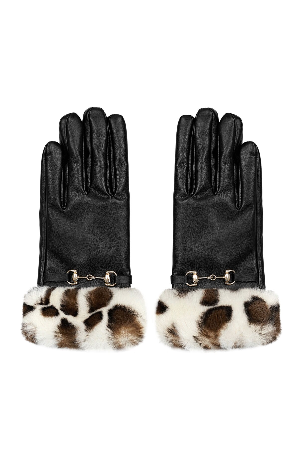 Gloves buckle with faux fur animal print - black beige 