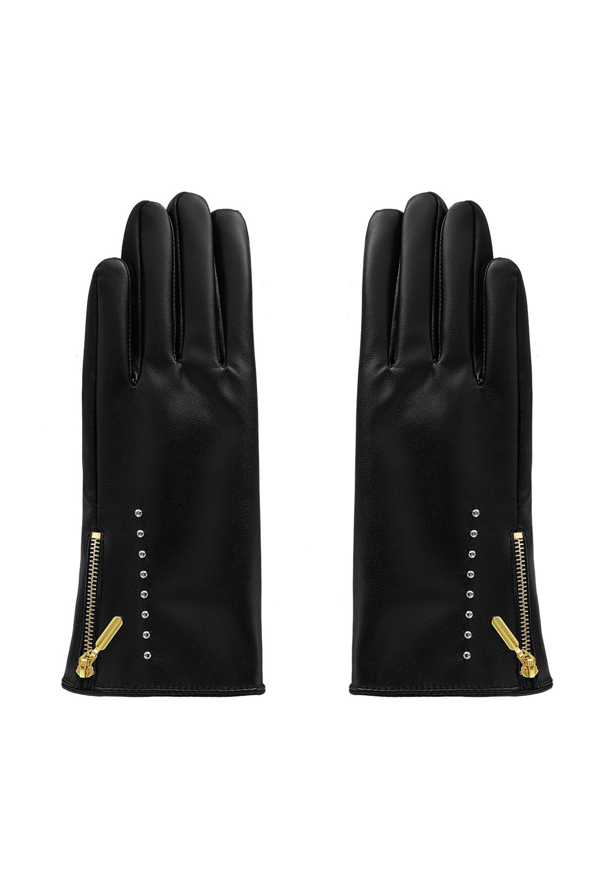 PU gloves with studs and zipper - black 